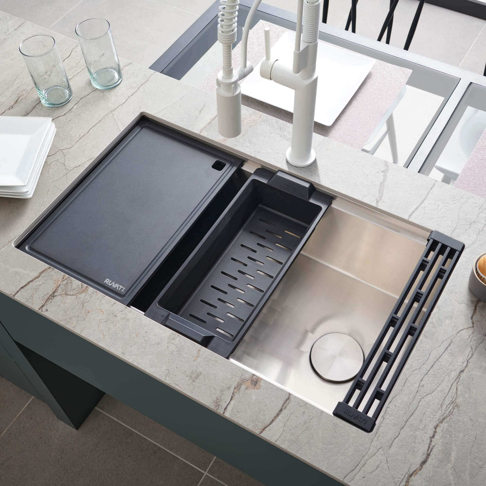 Alternate Image for Ruvati Veniso Nova 33" Slope Bottom Offset Drain Undermount Stainless Steel Workstation Kitchen Sink, 16 Gauge, RVH8597