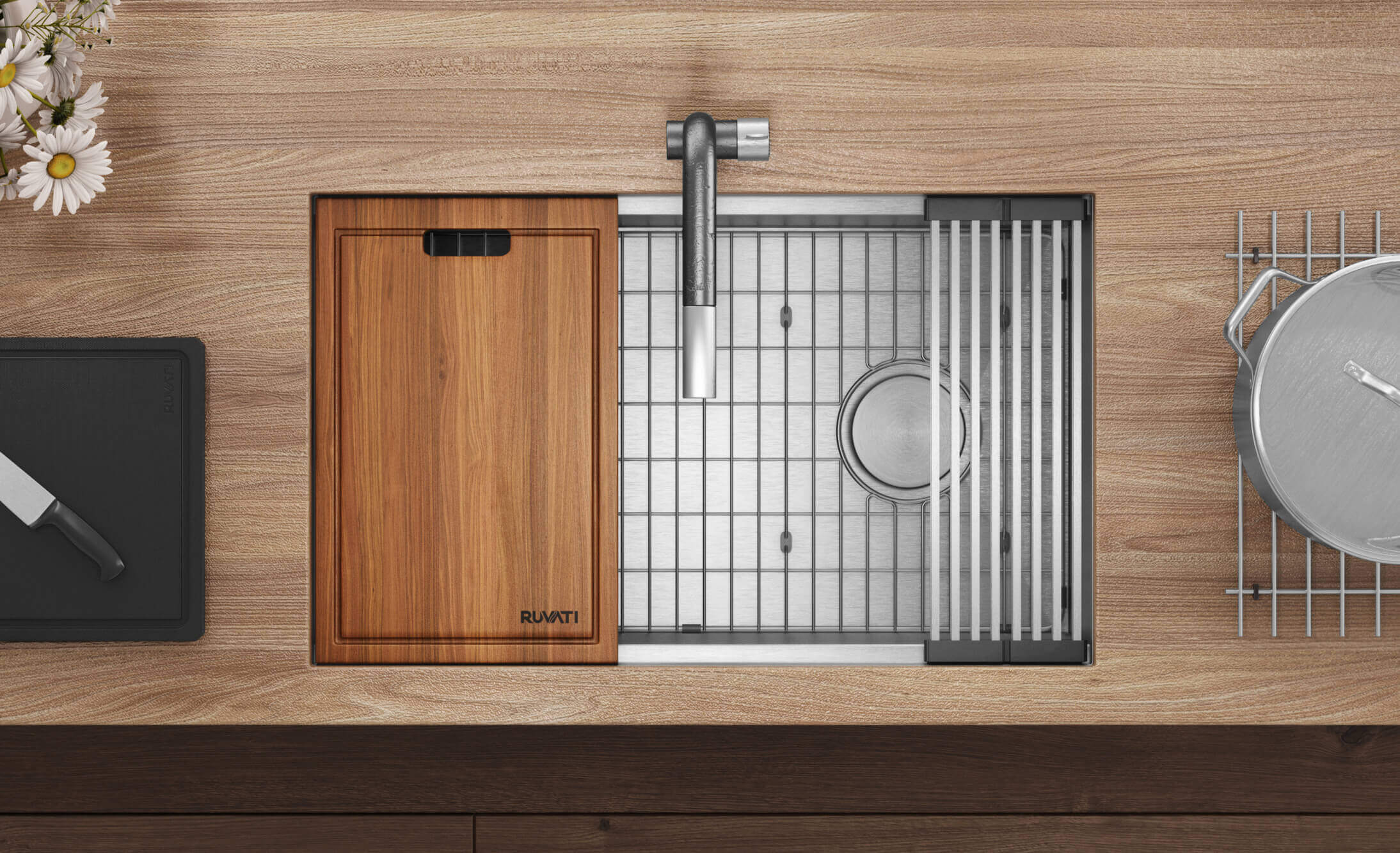 Alternate Image for Ruvati Veniso 36" Slope Bottom Offset Drain Undermount Stainless Steel Workstation Kitchen Sink, 16 Gauge, RVH8596