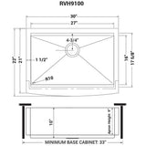 Dimensions for Ruvati Verona 30" Stainless Steel Workstation Apron-front Farmhouse Sink, 16 Gauge, RVH9100