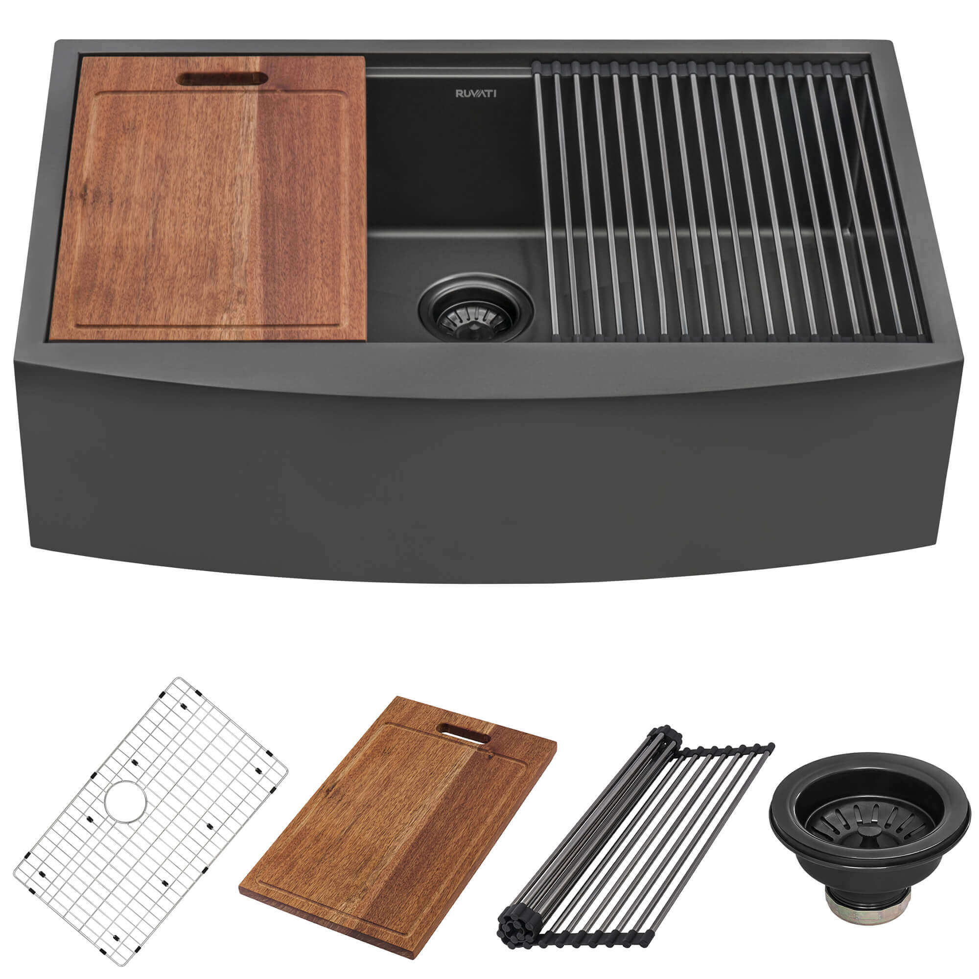 Alternate Image for Ruvati Monaco 30" Stainless Steel Workstation Apron-front Farmhouse Sink, Gunmetal Matte Black, 16 Gauge, RVH9106BL