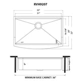 Dimensions for Ruvati Monaco 33" Stainless Steel Workstation Apron-front Farmhouse Sink, Gunmetal Matte Black, 16 Gauge, RVH9207BL