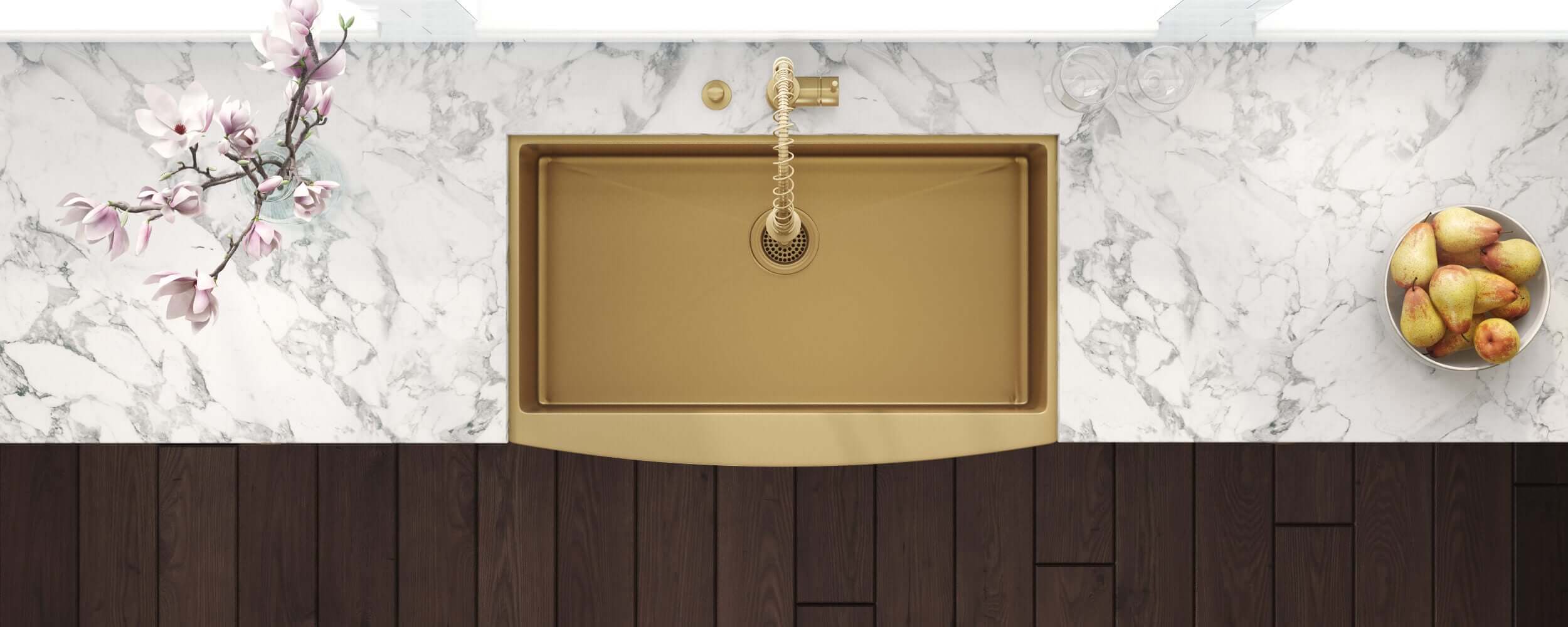 Alternate Image for Ruvati Terraza 30" Stainless Steel Apron-front Farmhouse Sink, Brass Tone Matte Gold, 16 Gauge, RVH9660GG