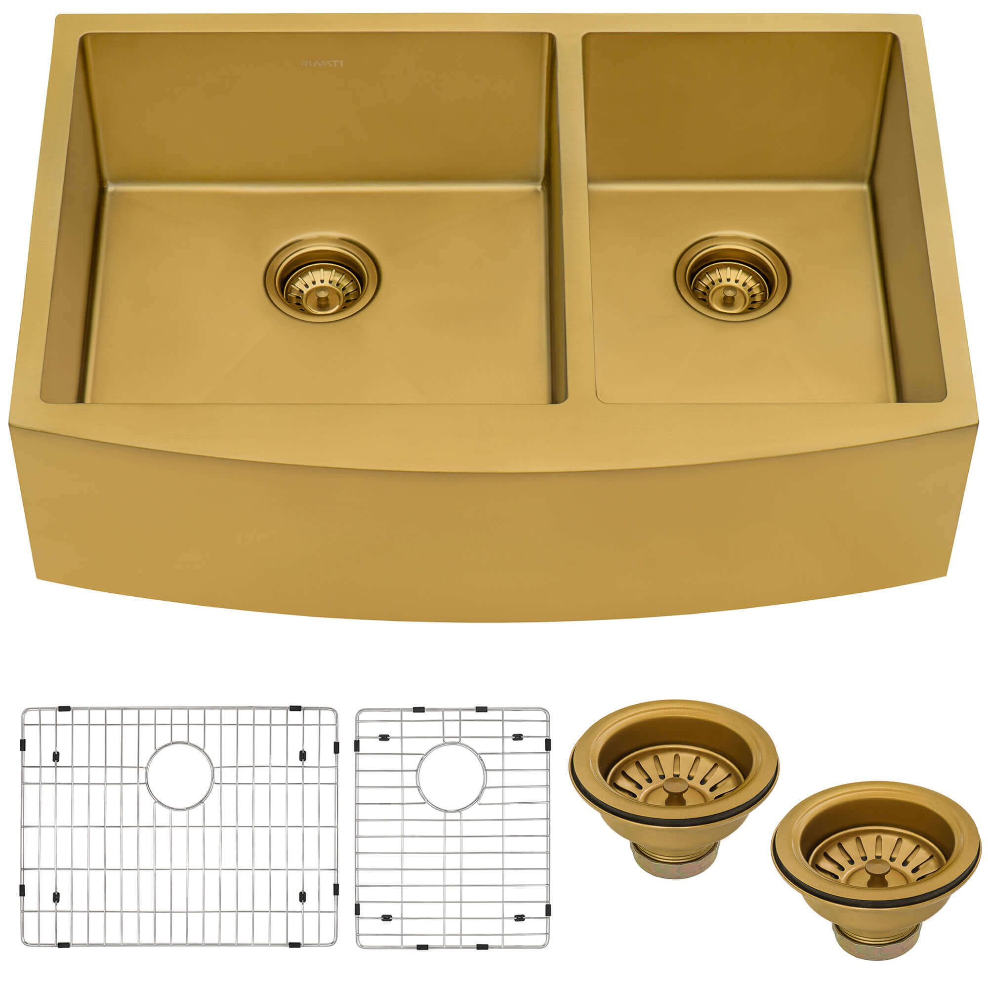 Alternative View of Ruvati Terraza 33" Stainless Steel Apron-front Farmhouse Sink, 60/40 Double Bowl, Brass Tone Matte Gold, 16 Gauge, RVH9742GG