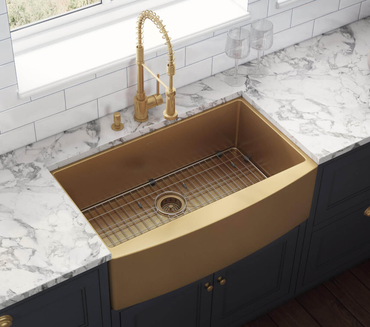 Alternative View of Ruvati Terraza 36" Stainless Steel Apron-front Farmhouse Sink, Brass Tone Matte Gold, 16 Gauge, RVH9880GG