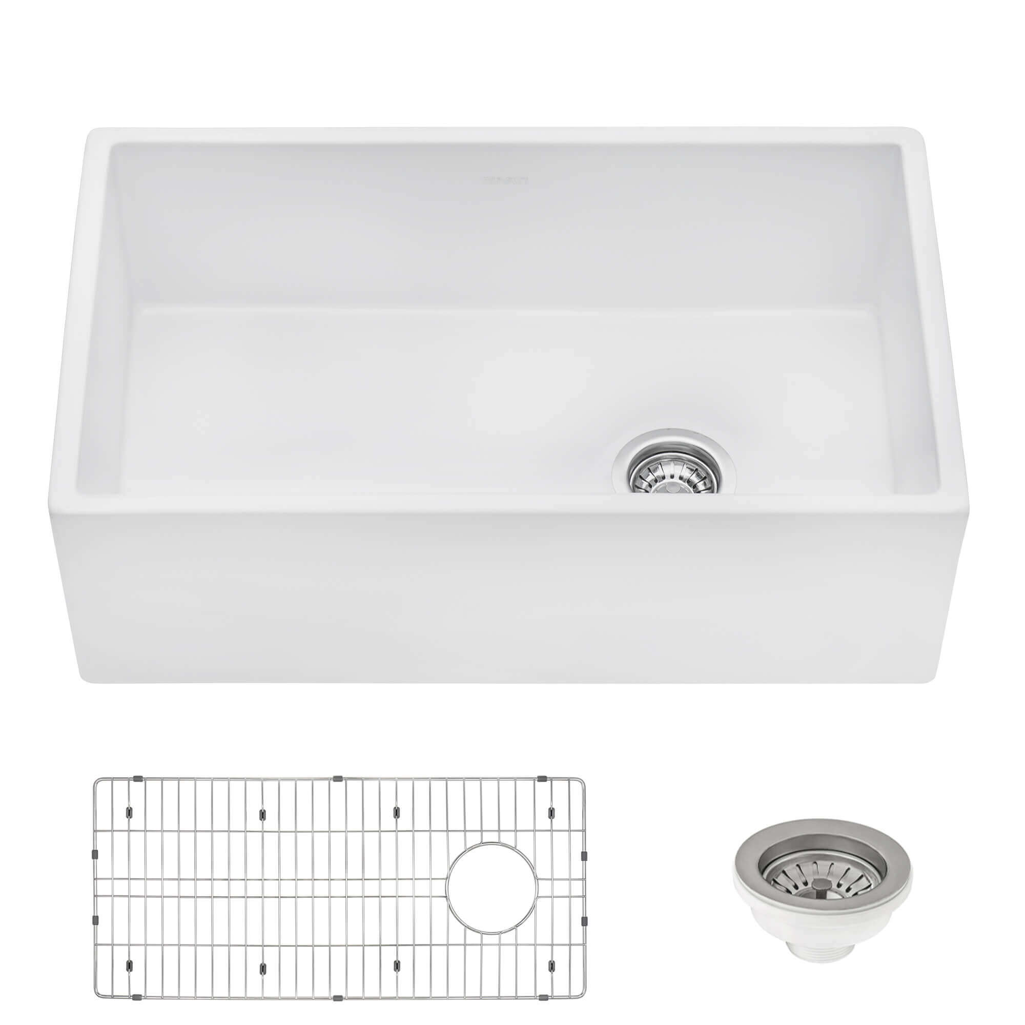 Alternative View of Ruvati Fiamma 30" Fireclay Offset Drain Farmhouse Sink, White, Right Drain, RVL2018WR