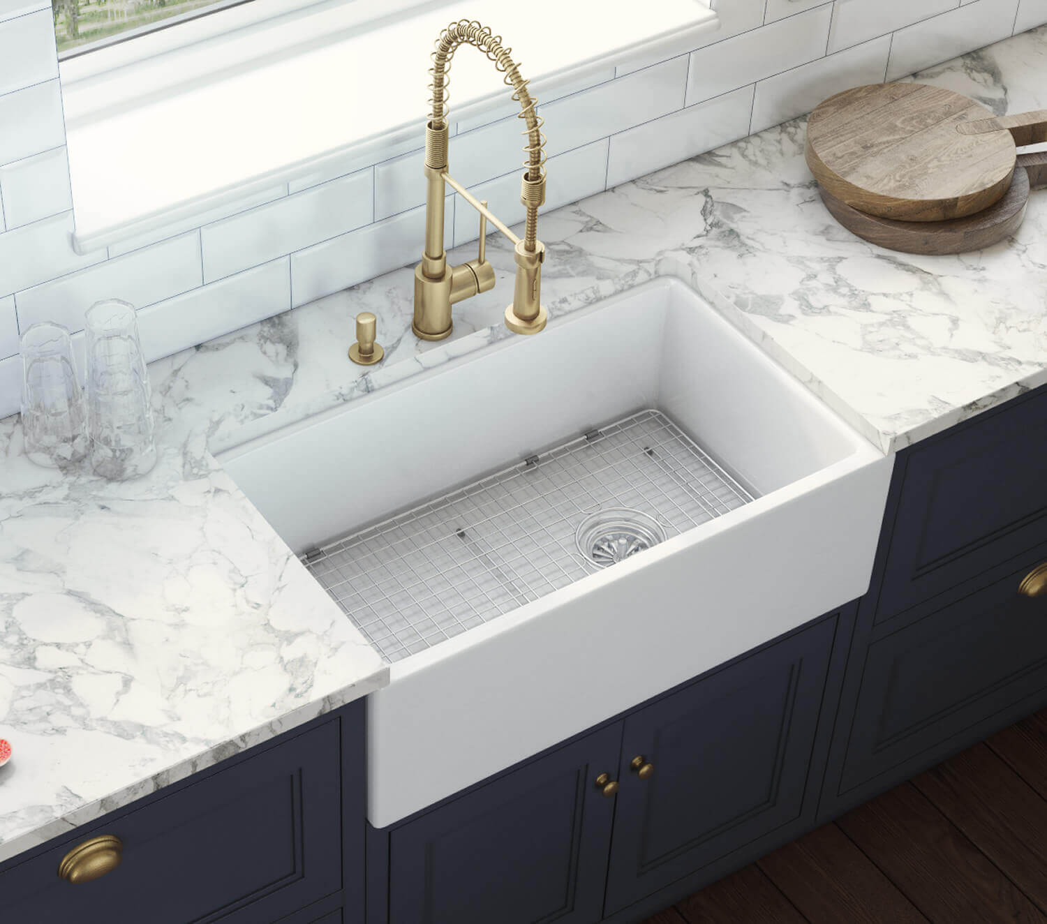 Alternate Image for Ruvati Fiamma 30" Fireclay Offset Drain Farmhouse Sink, White, Right Drain, RVL2018WR