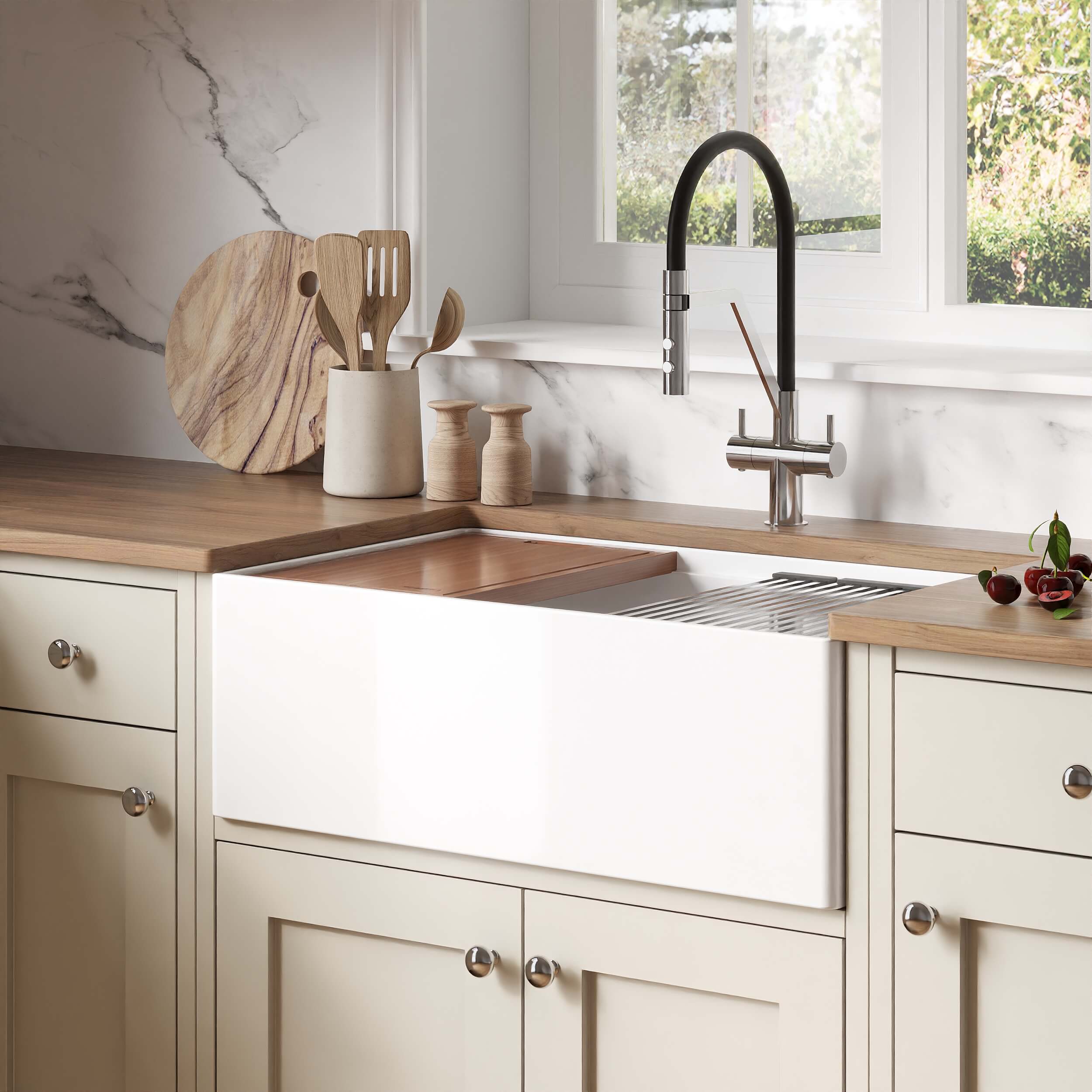Ruvati Fiore 30" Fireclay Workstation Farmhouse Sink, White, RVL2182WH Product Image