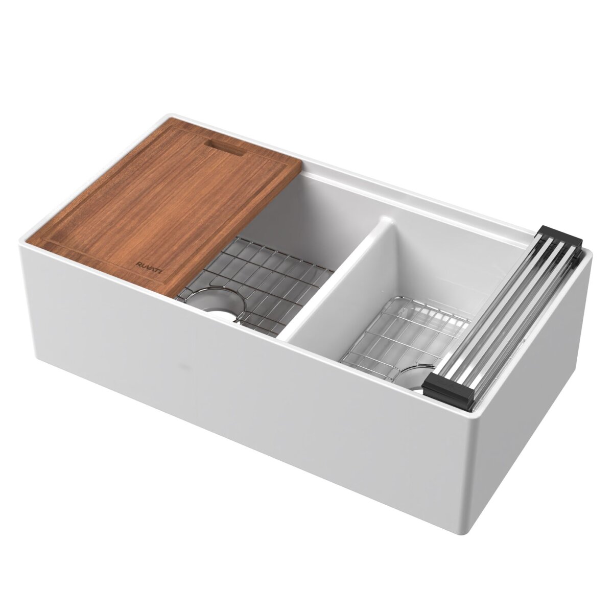 Ruvati Fiore 33" Fireclay Workstation Farmhouse Sink, 60/40 Double Bowl, White, RVL2382WH