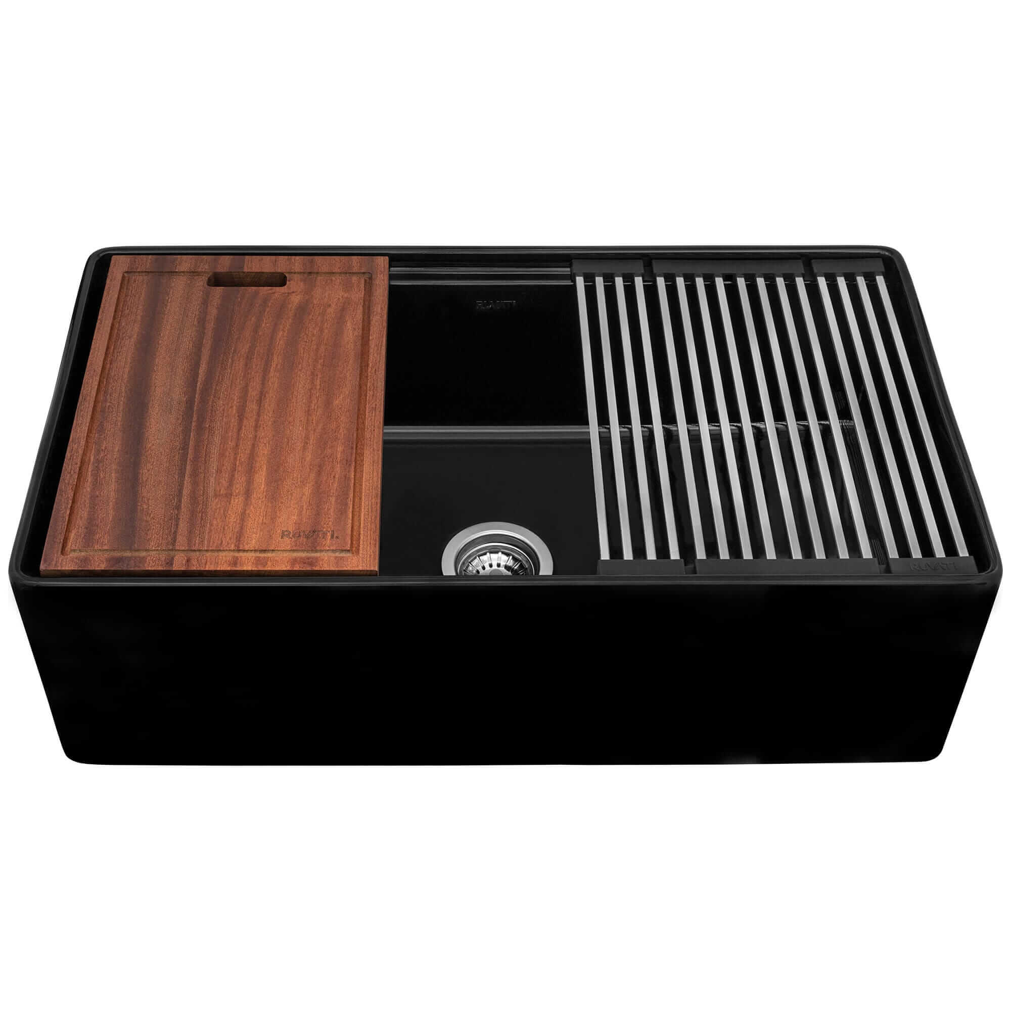 Alternate Image for Ruvati Fiore 33 inch Fireclay Workstation Black Farmhouse Kitchen Sink Apron Front Single Bowl, Glossy Black, RVL2387BK