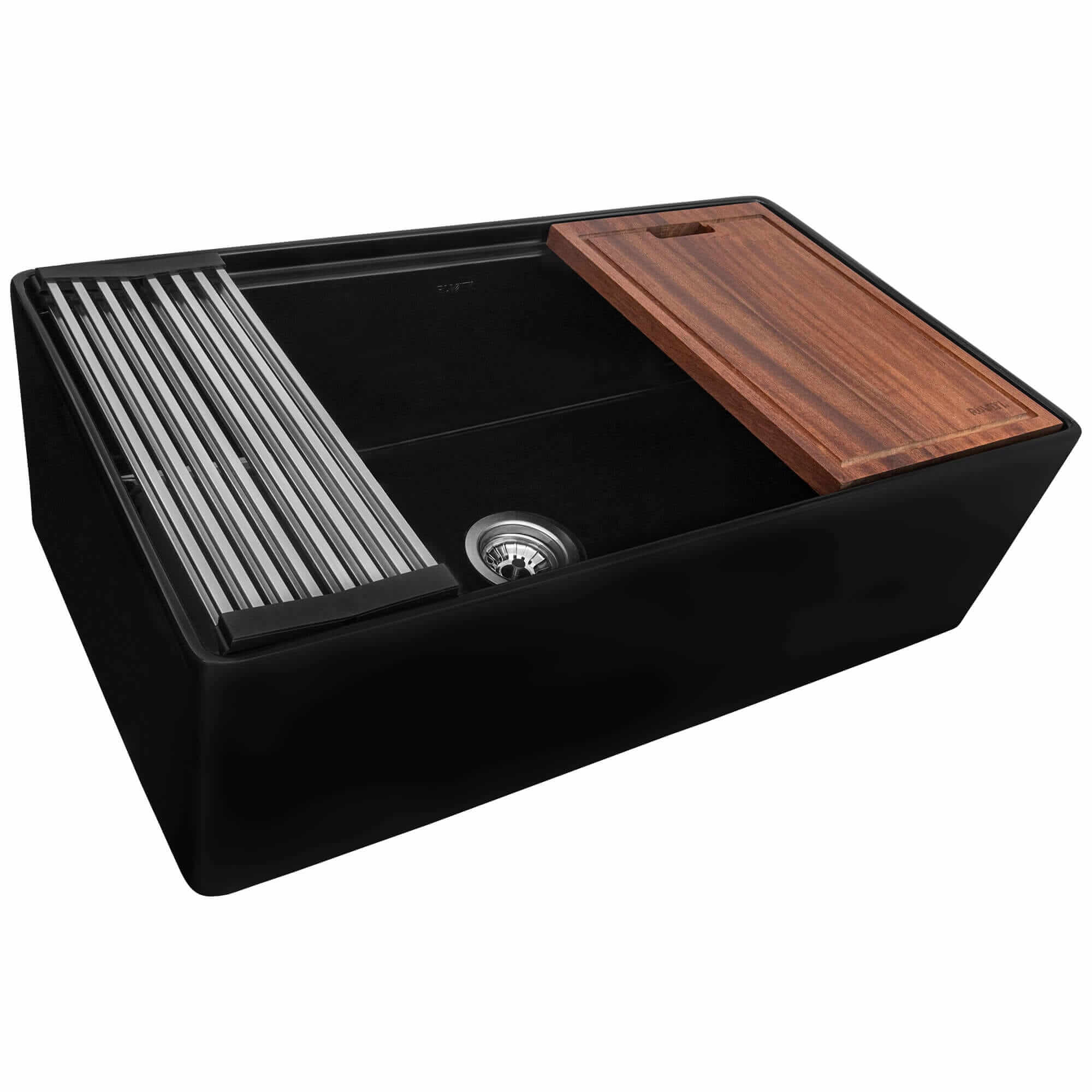 Alternate Image for Ruvati Fiore 33 inch Fireclay Workstation Black Farmhouse Kitchen Sink Apron Front Single Bowl, Glossy Black, RVL2387BK