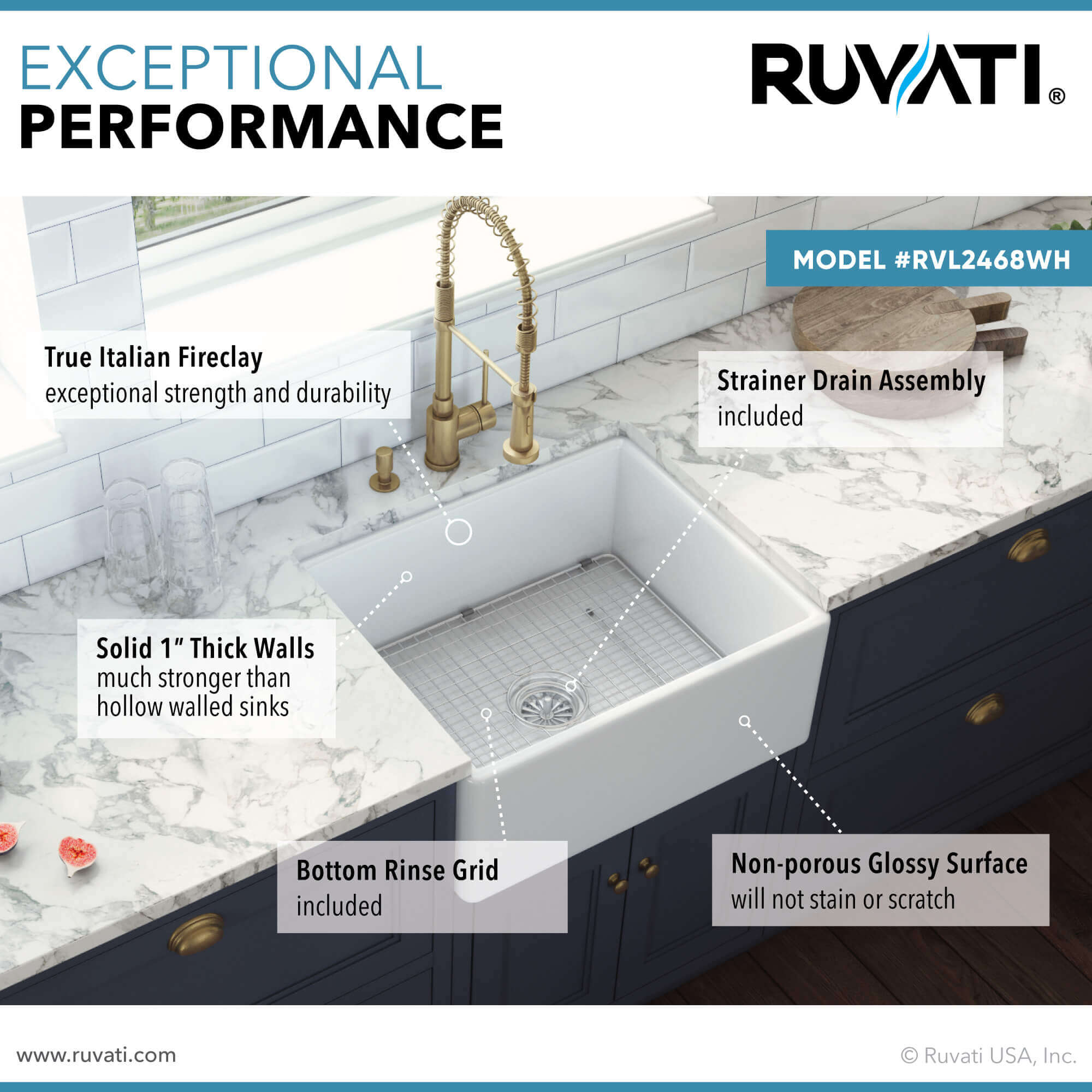 Alternate Image for Ruvati 23-inch Fireclay Farmhouse Kitchen Laundry Utility Sink Single Bowl - White, RVL2468WH