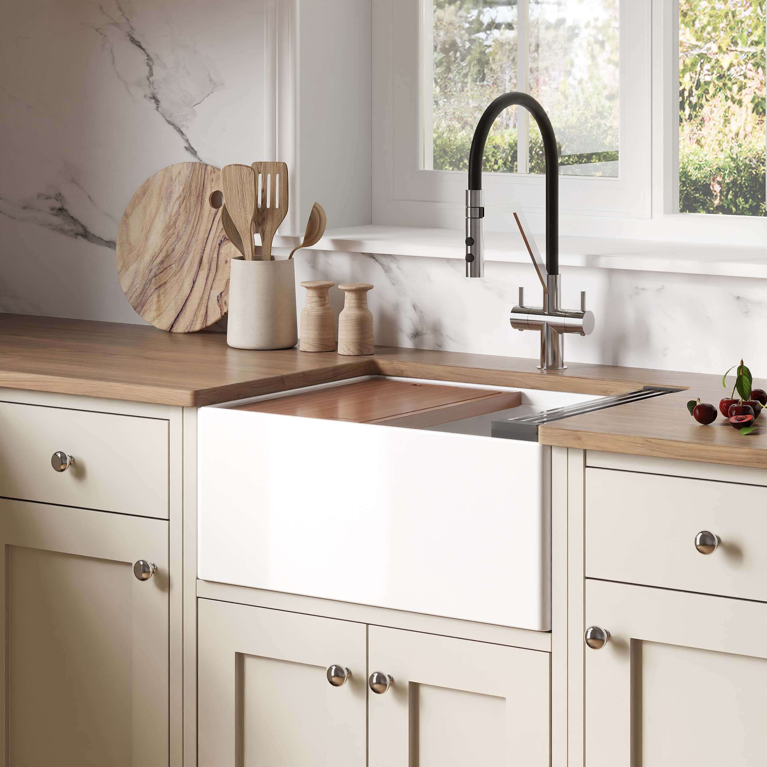 Ruvati Fiore 24" Fireclay Workstation Farmhouse Sink, White, RVL2484WH Product Image
