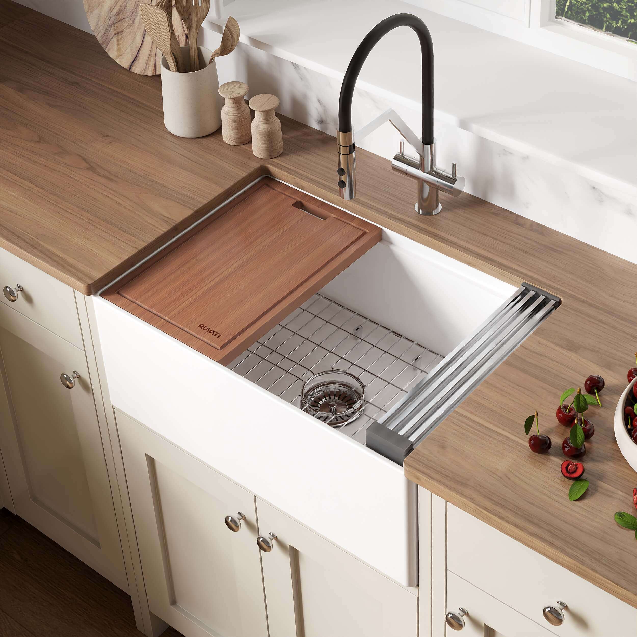 Ruvati Fiore 27" Fireclay Workstation Farmhouse Sink, White, RVL2781WH