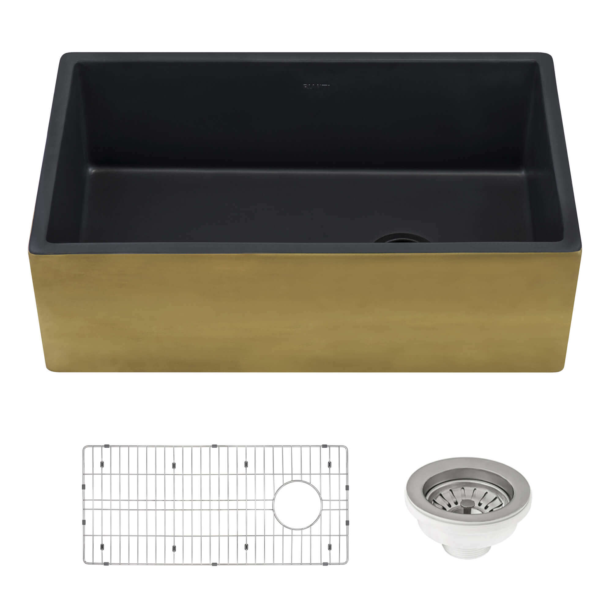Alternative View of Ruvati Fiamma 30" Fireclay Farmhouse Sink, Matte Black and Brushed Gold, RVL4018GRG