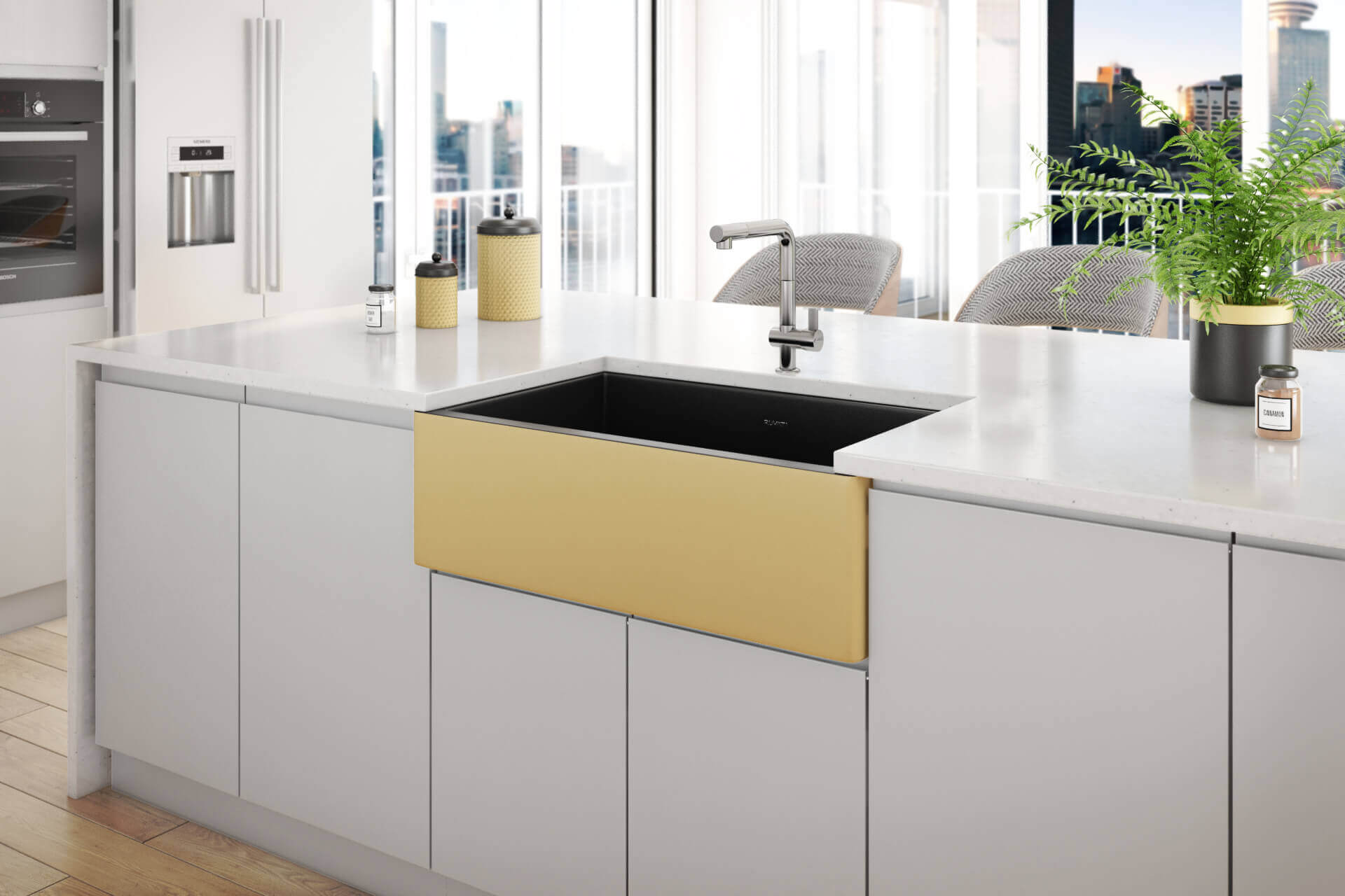 Alternate Image for Ruvati Fiamma 30" Fireclay Farmhouse Sink, Matte Black and Brushed Gold, RVL4018GRG