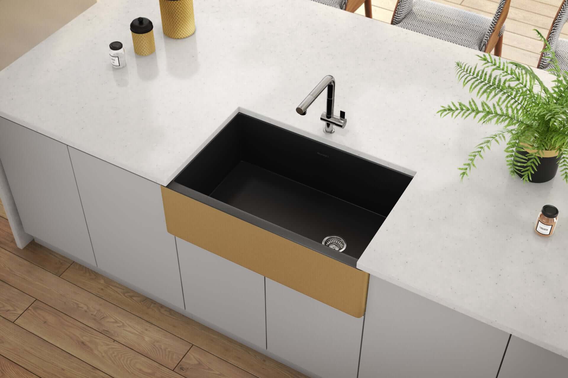 Alternate Image for Ruvati Fiamma 30" Fireclay Farmhouse Sink, Matte Black and Brushed Gold, RVL4018GRG