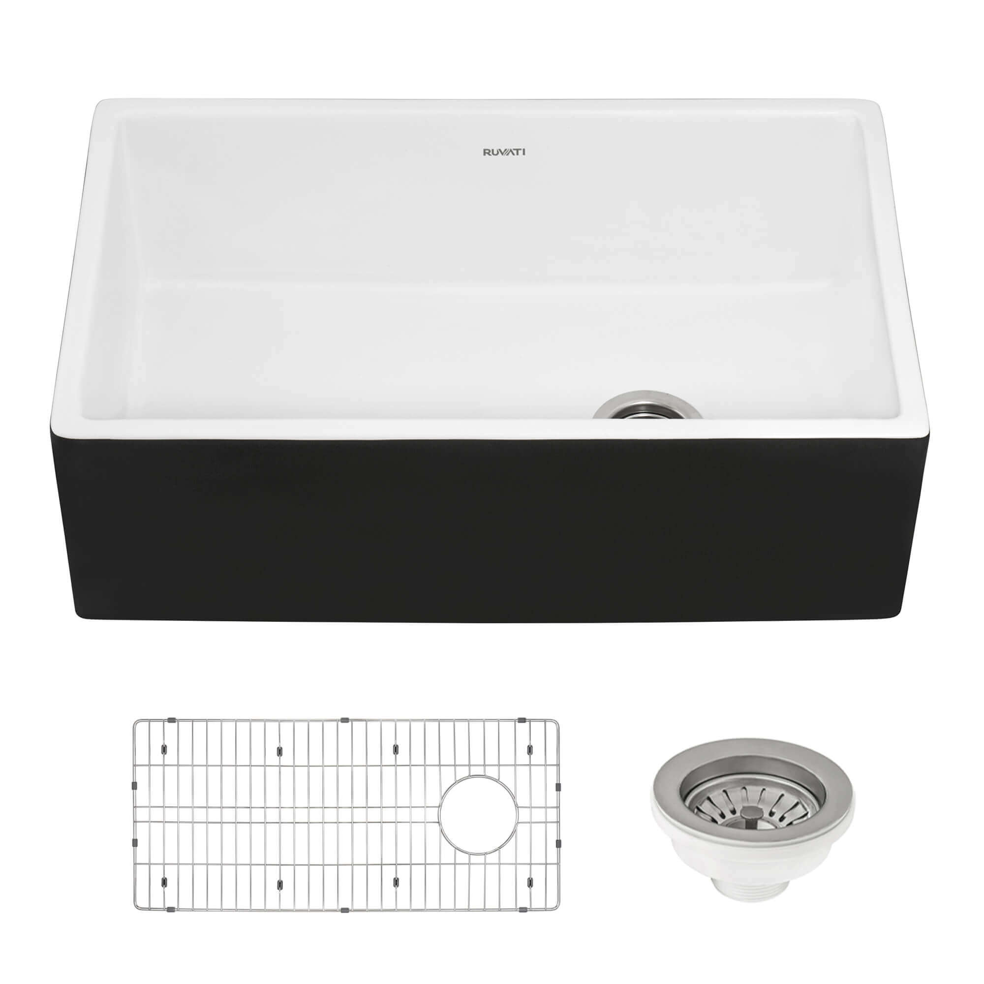 Alternative View of Ruvati Fiamma 30" Fireclay Offset Drain Farmhouse Sink, Black and White, RVL4018RBW