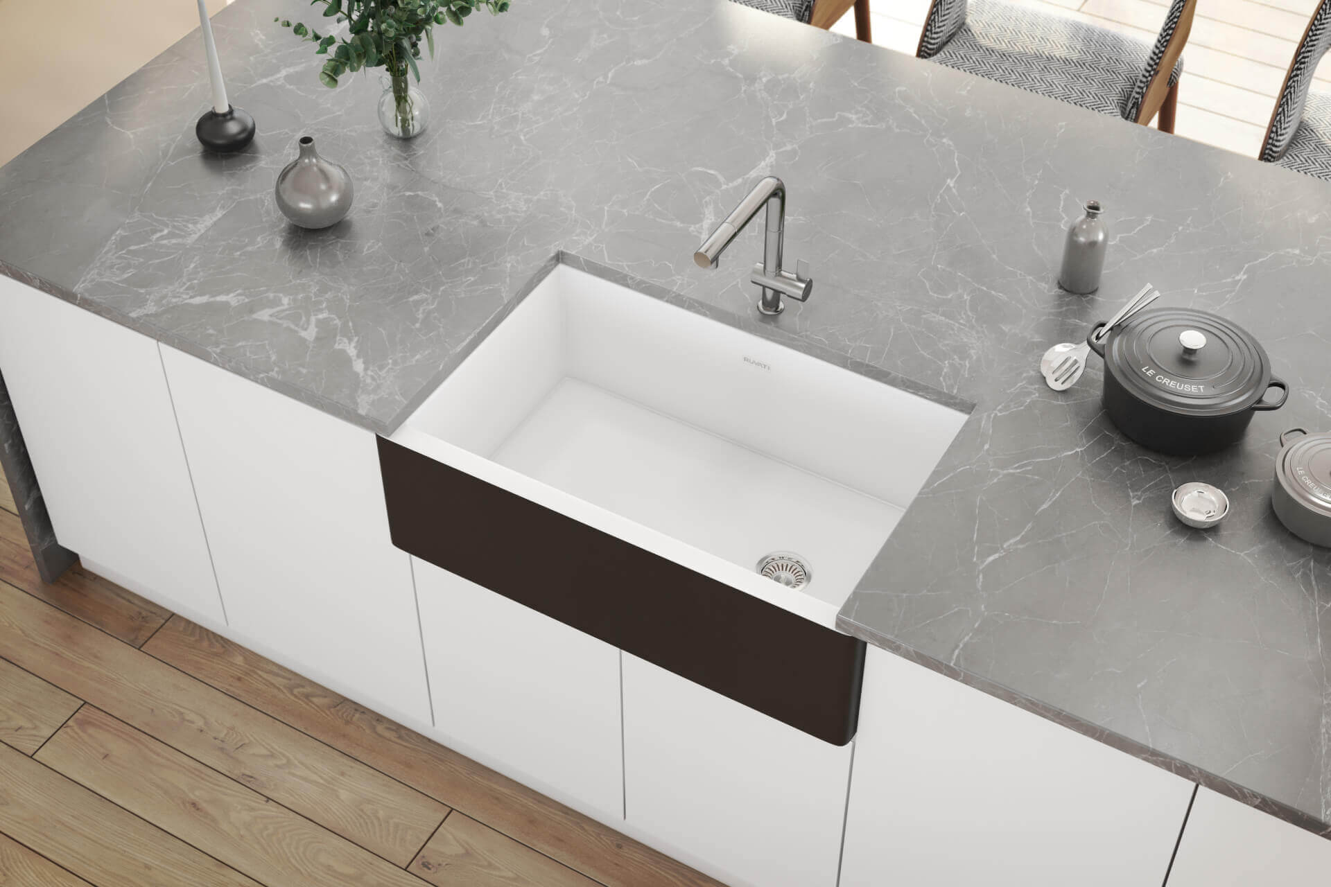 Alternate Image for Ruvati Fiamma 30" Fireclay Offset Drain Farmhouse Sink, Black and White, RVL4018RBW