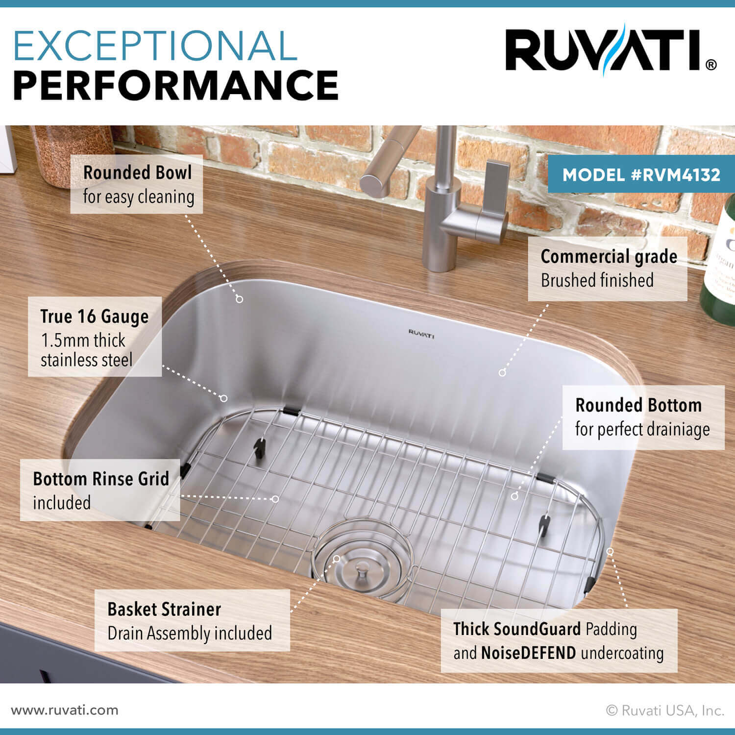 Alternate Image for Ruvati Parmi 23" Undermount Stainless Steel Kitchen Sink, 16 Gauge, RVM4132