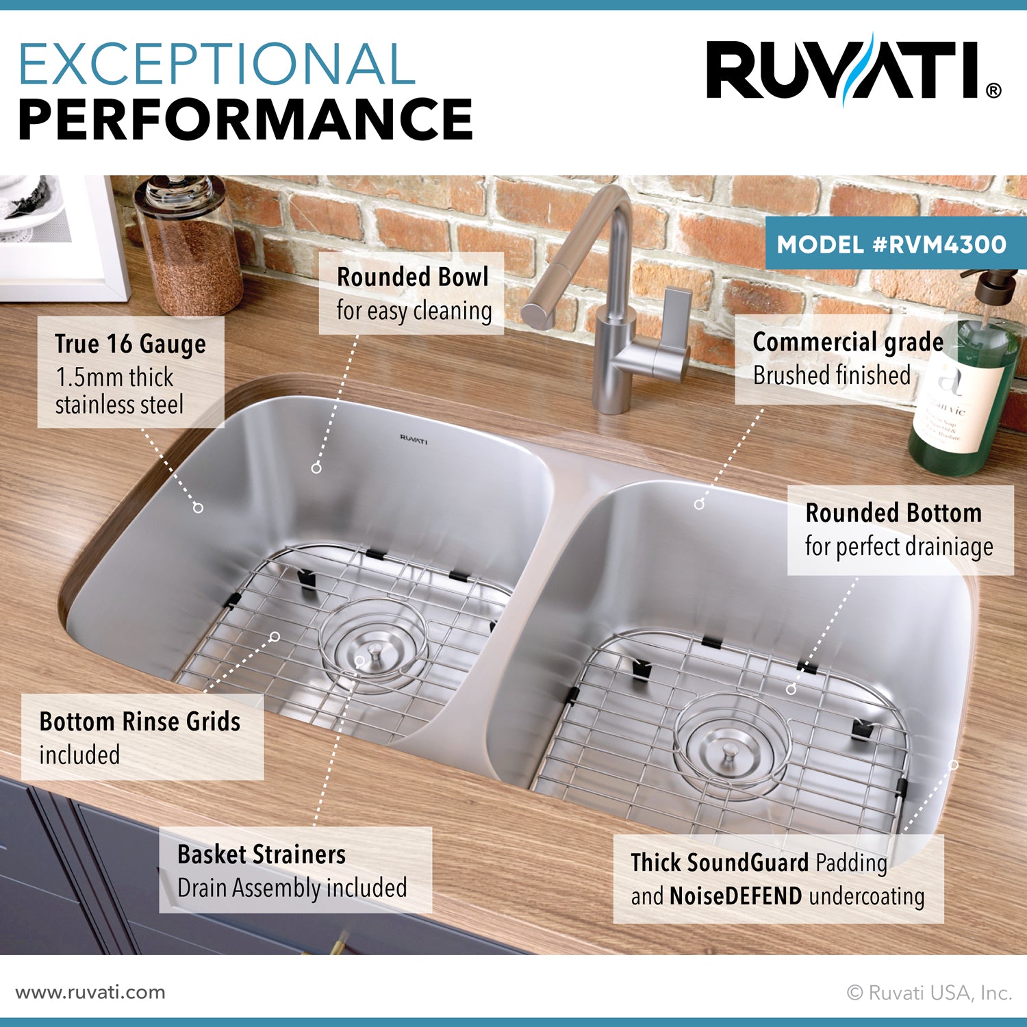 Alternate Image for Ruvati Parmi 32" Undermount Stainless Steel Kitchen Sink, 50/50 Double Bowl, 16 Gauge, RVM4300