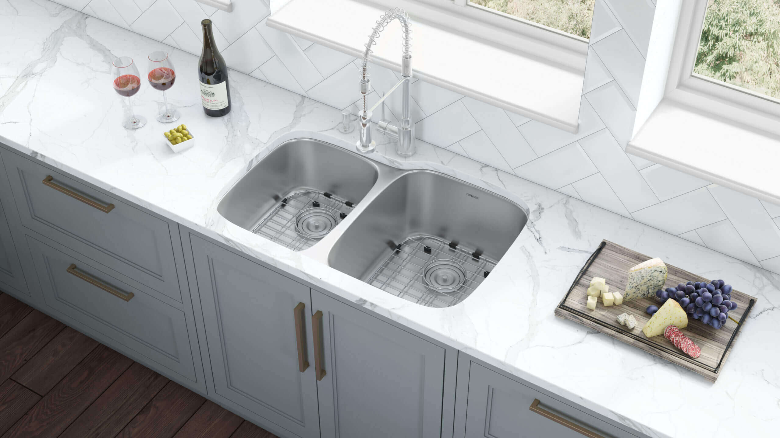 Alternate Image for Ruvati Parmi 32" Undermount Stainless Steel Kitchen Sink, 40/60 Double Bowl, 16 Gauge, RVM4315