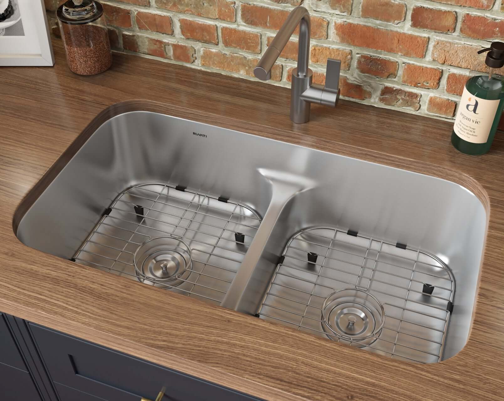 Alternate Image for Ruvati Parmi 32" Undermount Stainless Steel Kitchen Sink, 50/50 Low Divide Double Bowl, 16 Gauge, RVM4350