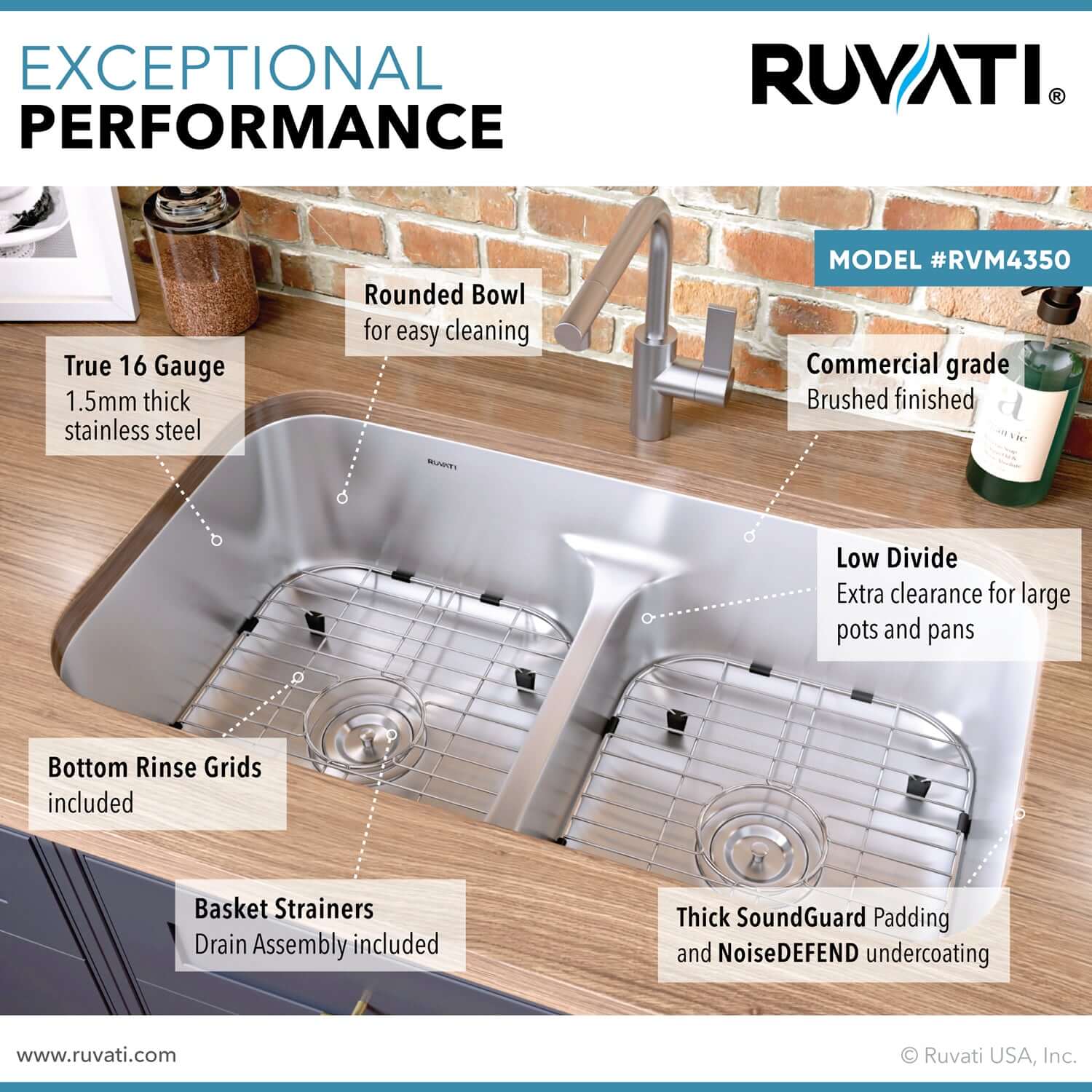 Alternate Image for Ruvati Parmi 32" Undermount Stainless Steel Kitchen Sink, 50/50 Low Divide Double Bowl, 16 Gauge, RVM4350