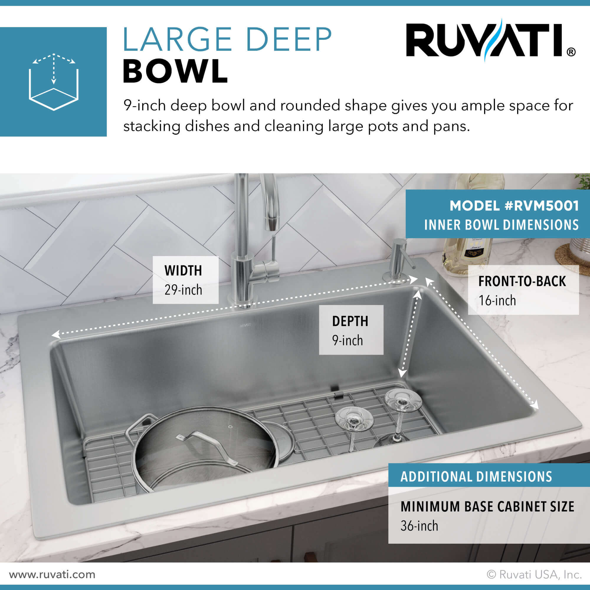 Alternate Image for Ruvati Modena 33" Drop-in Topmount Stainless Steel Kitchen Sink, 16 Gauge, RVM5001