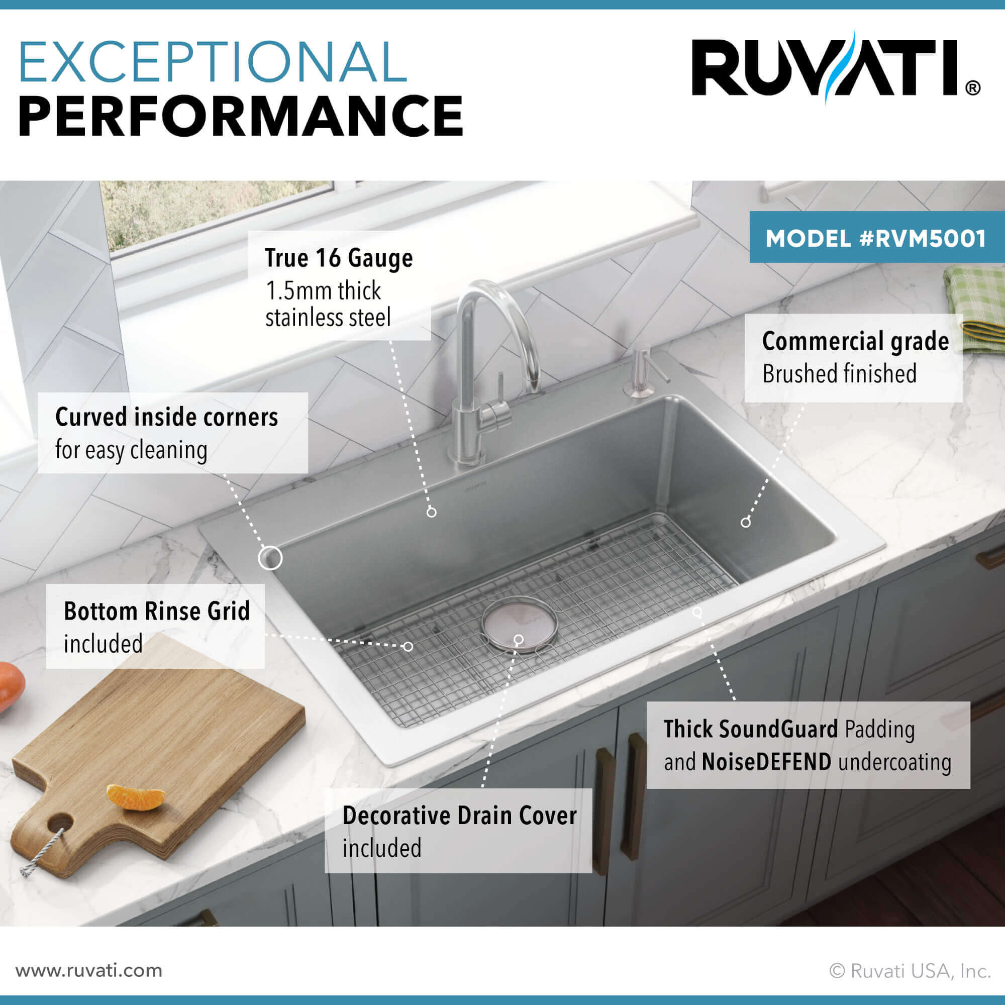 Alternate Image for Ruvati Modena 33" Drop-in Topmount Stainless Steel Kitchen Sink, 16 Gauge, RVM5001