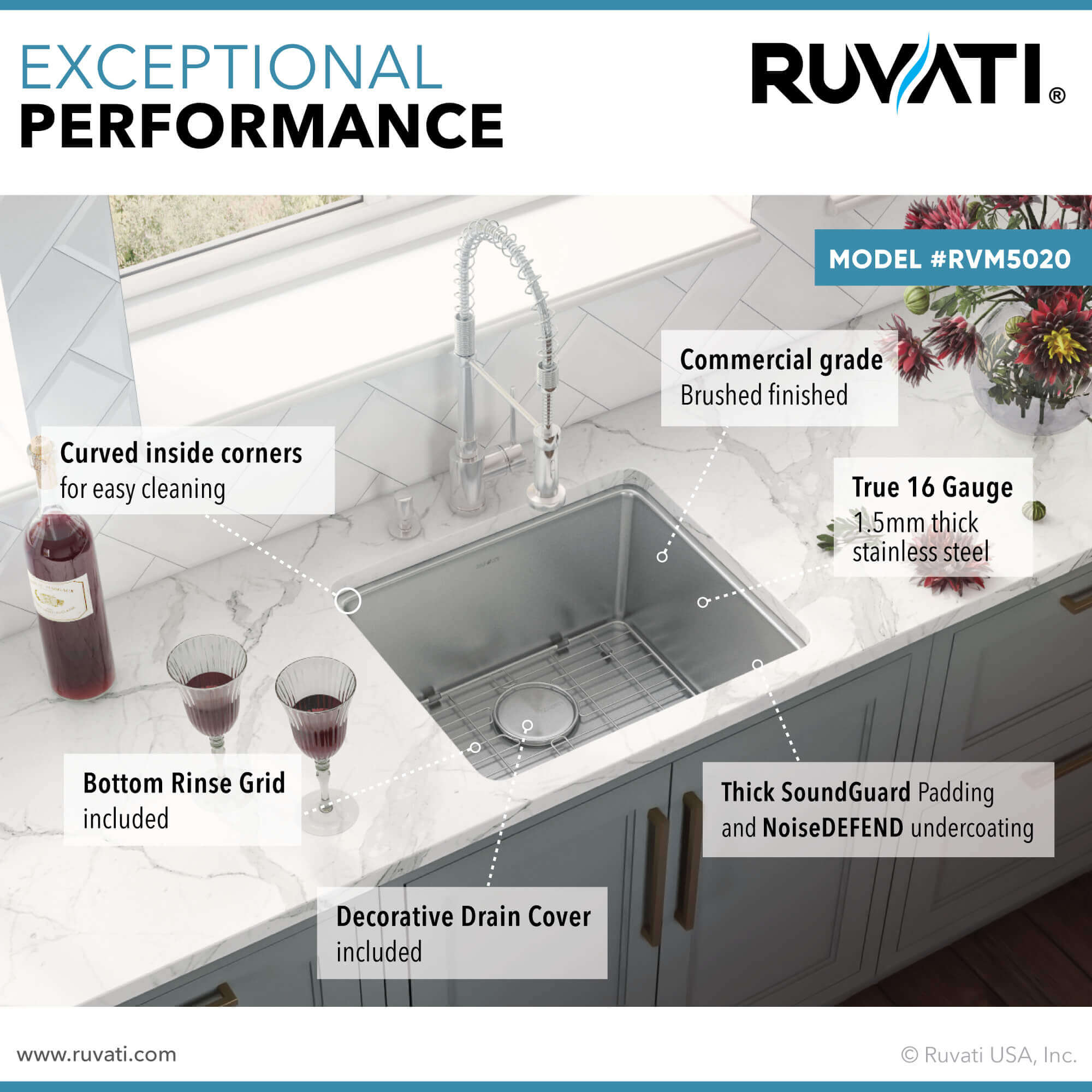 Alternate Image for Ruvati Modena 20" Undermount Rectangle Stainless Steel Bar/Prep Sink, 16 Gauge, RVM5020