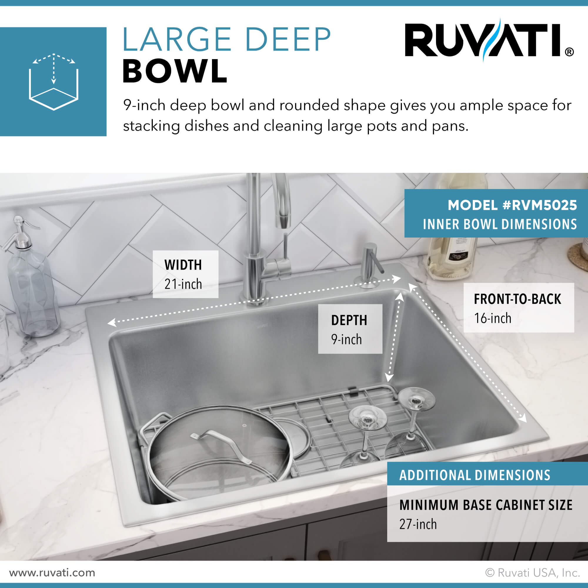 Alternative View of Ruvati Modena 25" Drop-in Topmount Stainless Steel Kitchen Sink, 16 Gauge, RVM5025