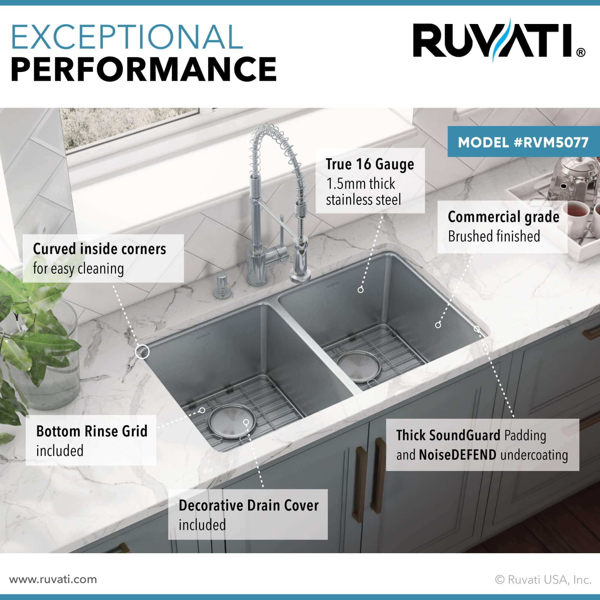 Alternate Image for Ruvati Modena 28" Undermount Stainless Steel Kitchen Sink, 50/50 Double Bowl, 16 Gauge, RVM5077