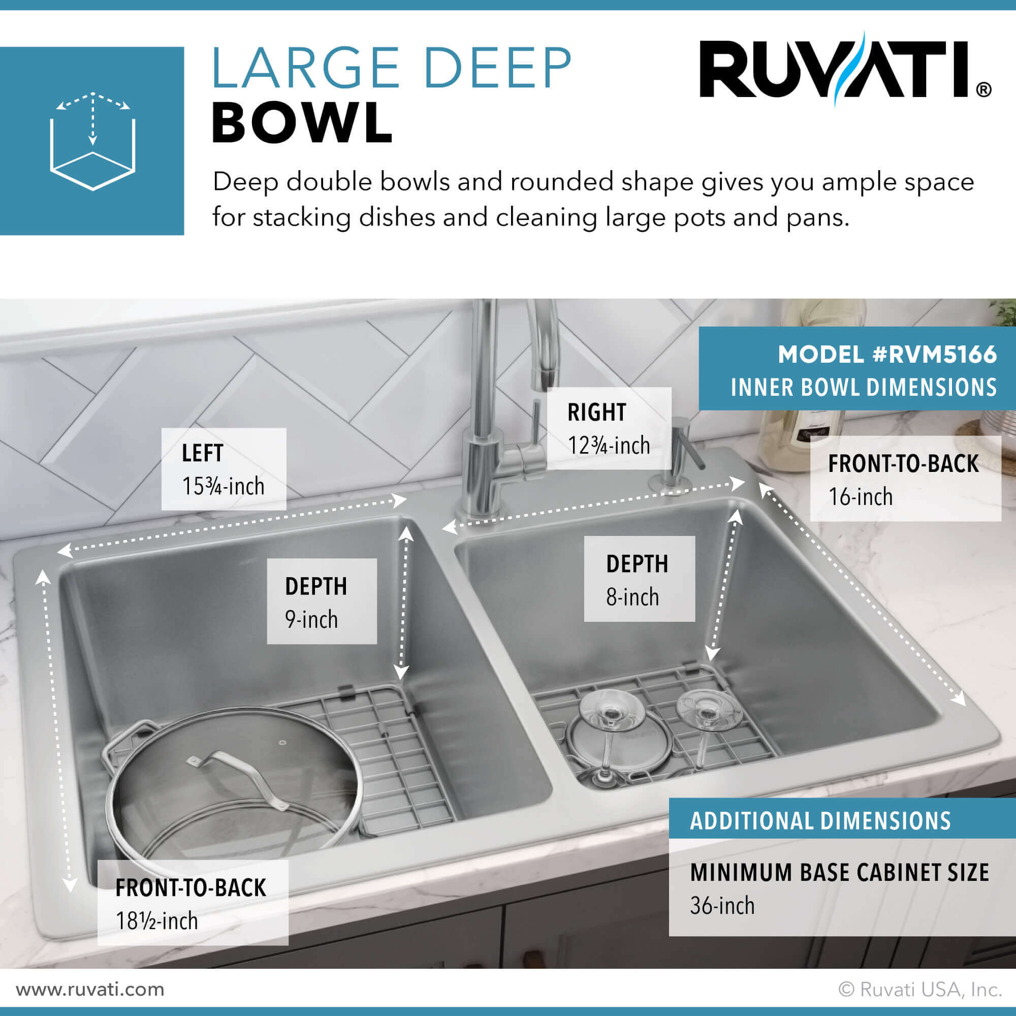 Alternate Image for Ruvati Modena 33" Drop-in Topmount Stainless Steel Kitchen Sink, 60/40 Double Bowl, 16 Gauge, RVM5166