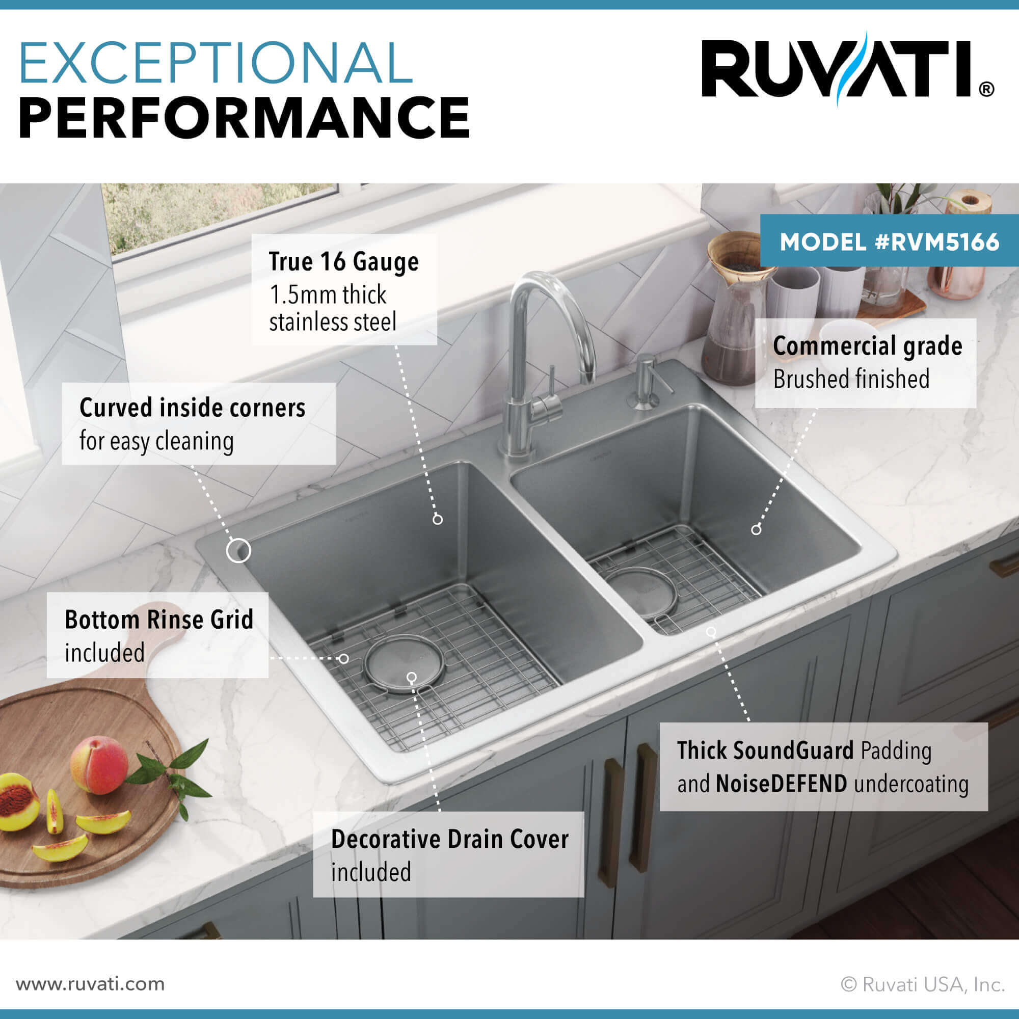 Alternate Image for Ruvati Modena 33" Drop-in Topmount Stainless Steel Kitchen Sink, 60/40 Double Bowl, 16 Gauge, RVM5166