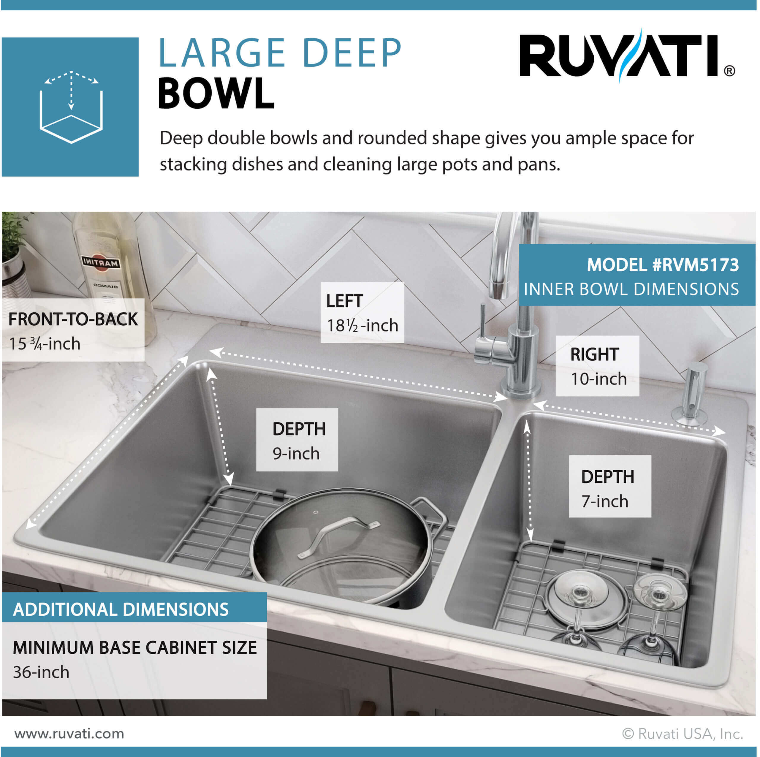Alternate Image for Ruvati Modena 33" Drop-in Topmount Stainless Steel Kitchen Sink, 70/30 Double Bowl, 16 Gauge, RVM5173