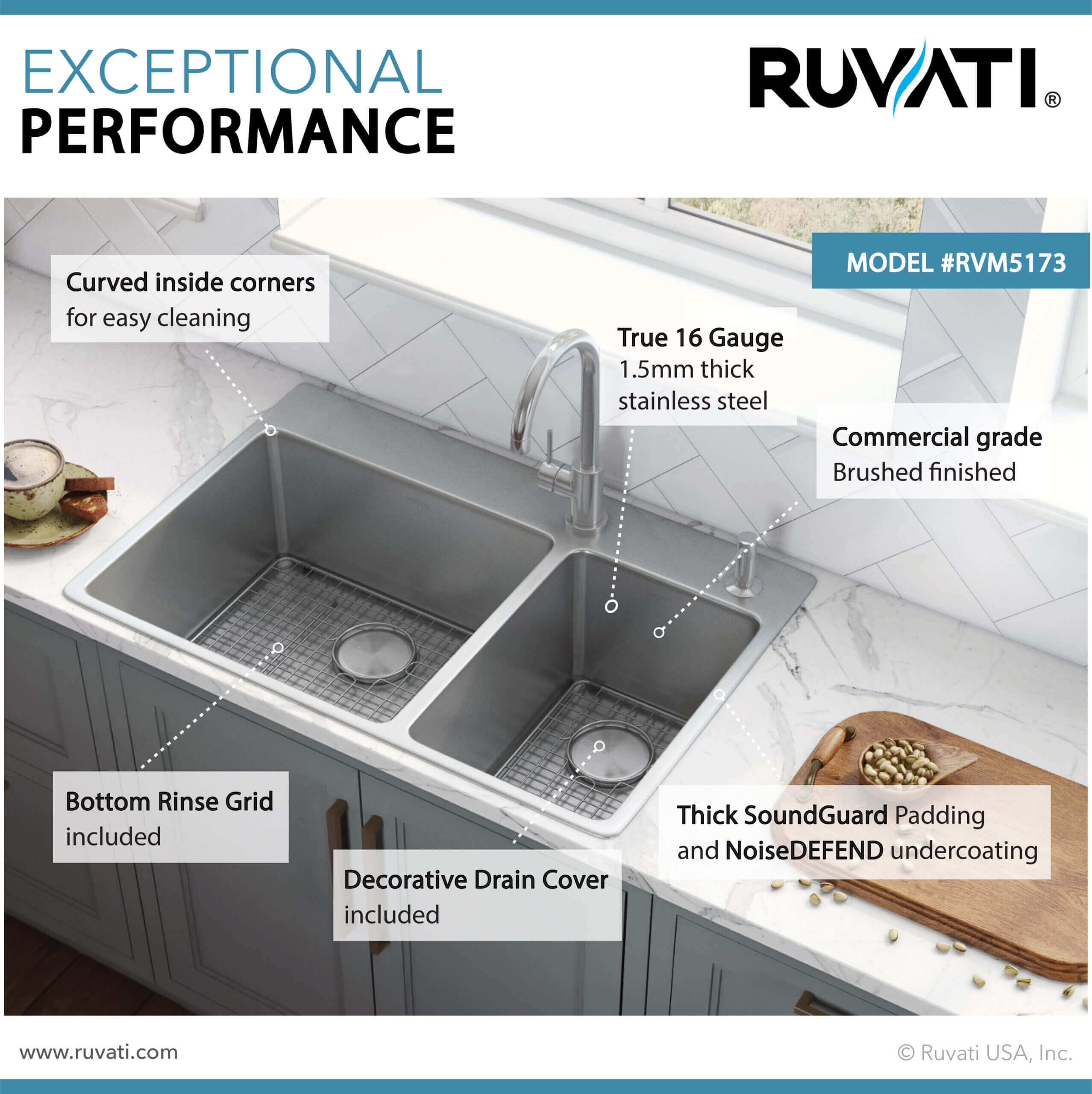 Alternate Image for Ruvati Modena 33" Drop-in Topmount Stainless Steel Kitchen Sink, 70/30 Double Bowl, 16 Gauge, RVM5173