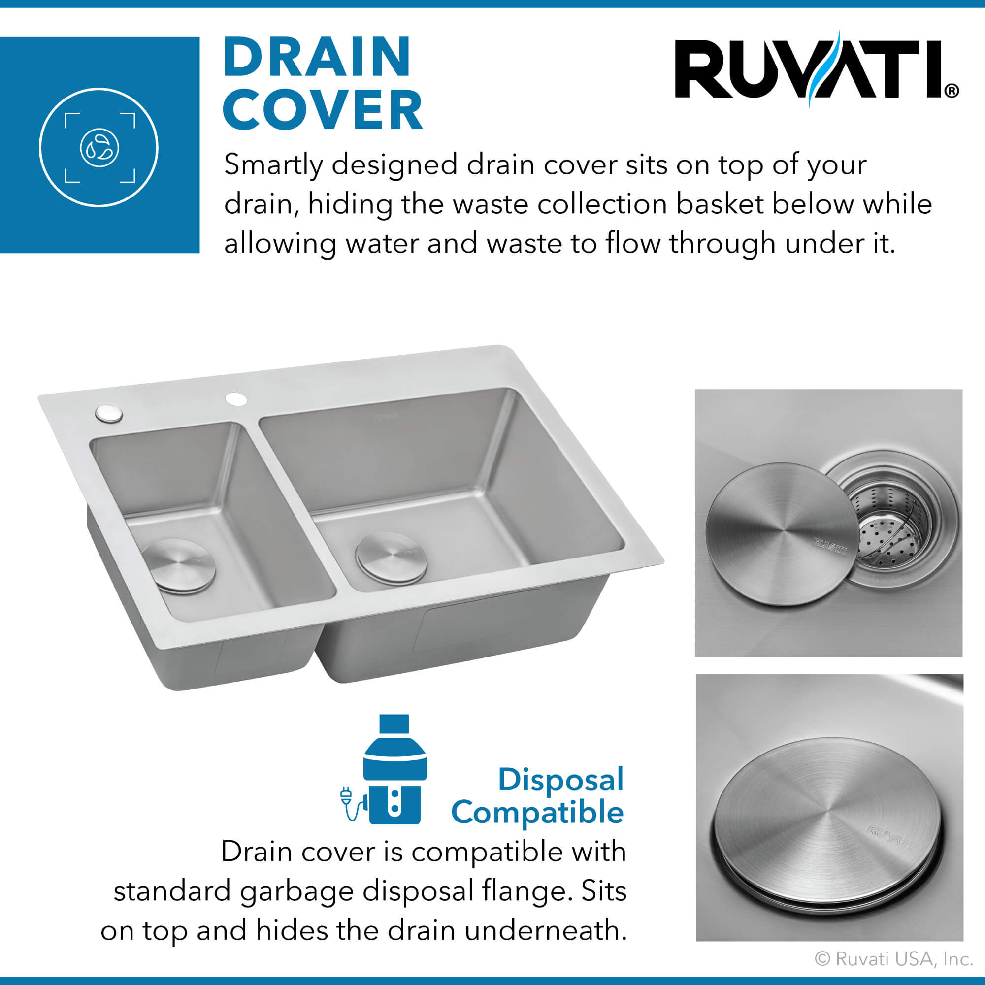 Alternate Image for Ruvati Modena 33" Drop-in Topmount Stainless Steel Kitchen Sink, 30/70 Double Bowl, 16 Gauge, RVM5176