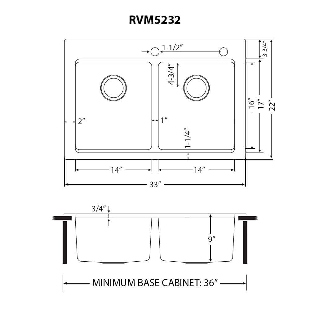 Ruvati Renaro 33" Drop In Stainless Steel Workstation Kitchen Sink, 50/50 Double Bowl, RVM5232 Product Image
