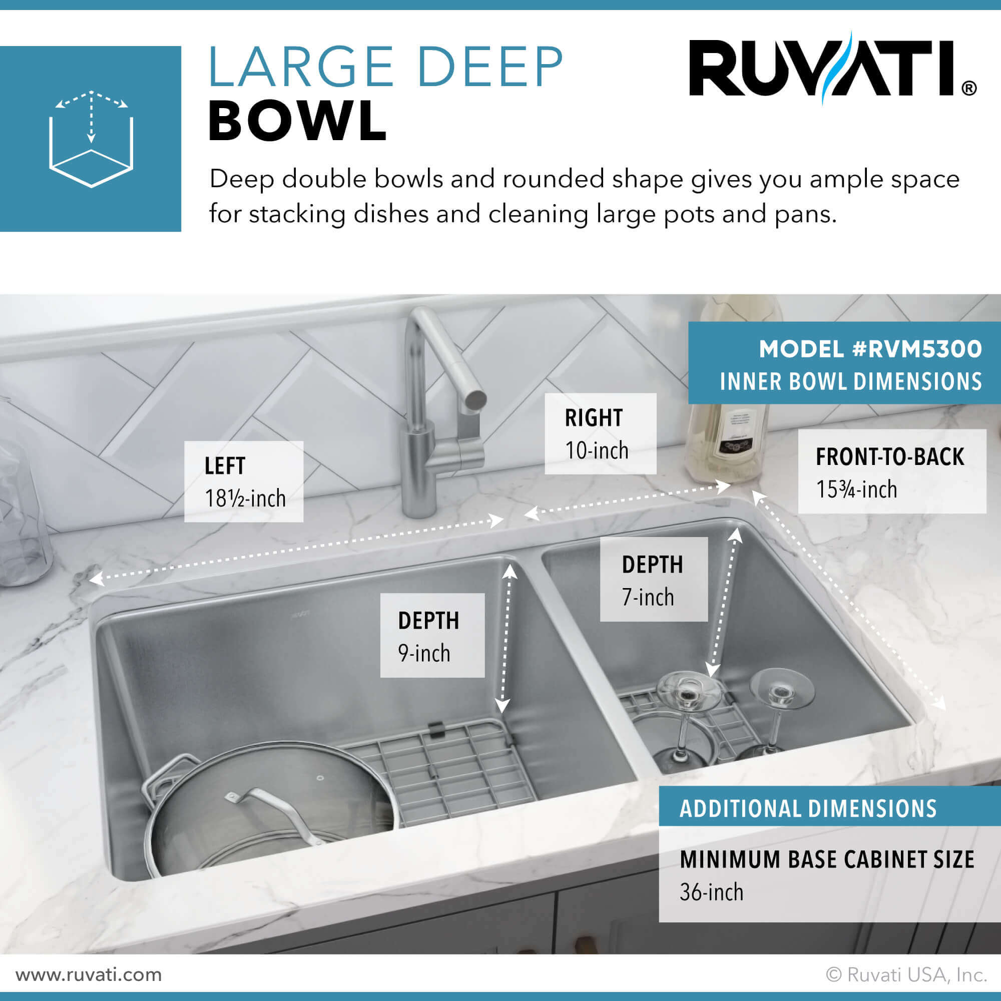 Alternate Image for Ruvati Modena 32" Undermount Stainless Steel Kitchen Sink, 70/30 Double Bowl, 16 Gauge, RVM5300