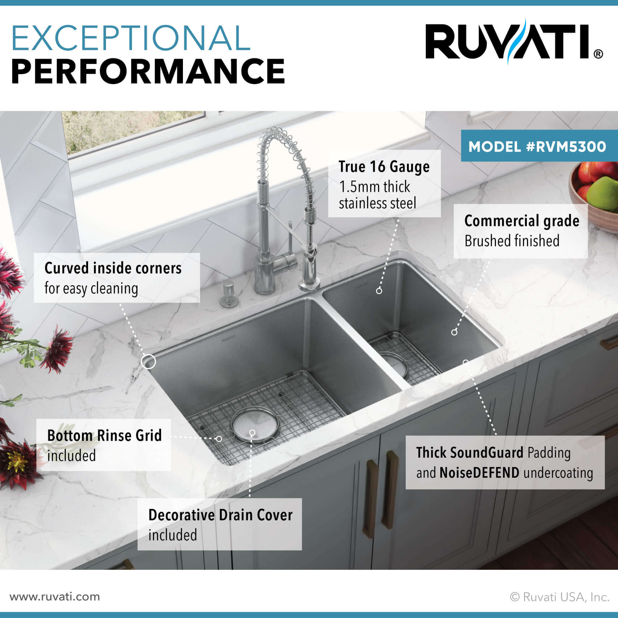 Alternate Image for Ruvati Modena 32" Undermount Stainless Steel Kitchen Sink, 70/30 Double Bowl, 16 Gauge, RVM5300