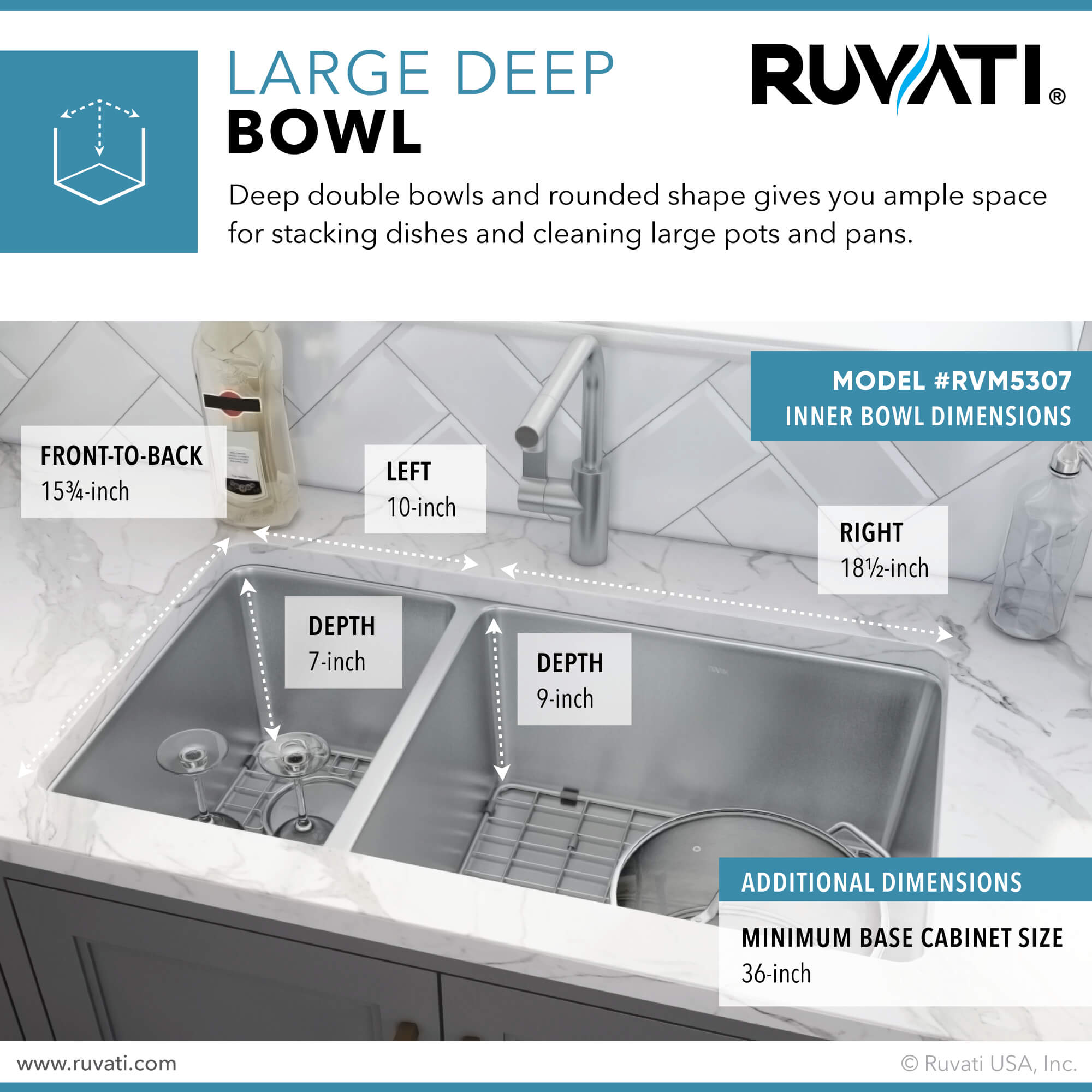 Alternate Image for Ruvati Modena 32" Undermount Stainless Steel Kitchen Sink, 30/70 Double Bowl, 16 Gauge, RVM5307