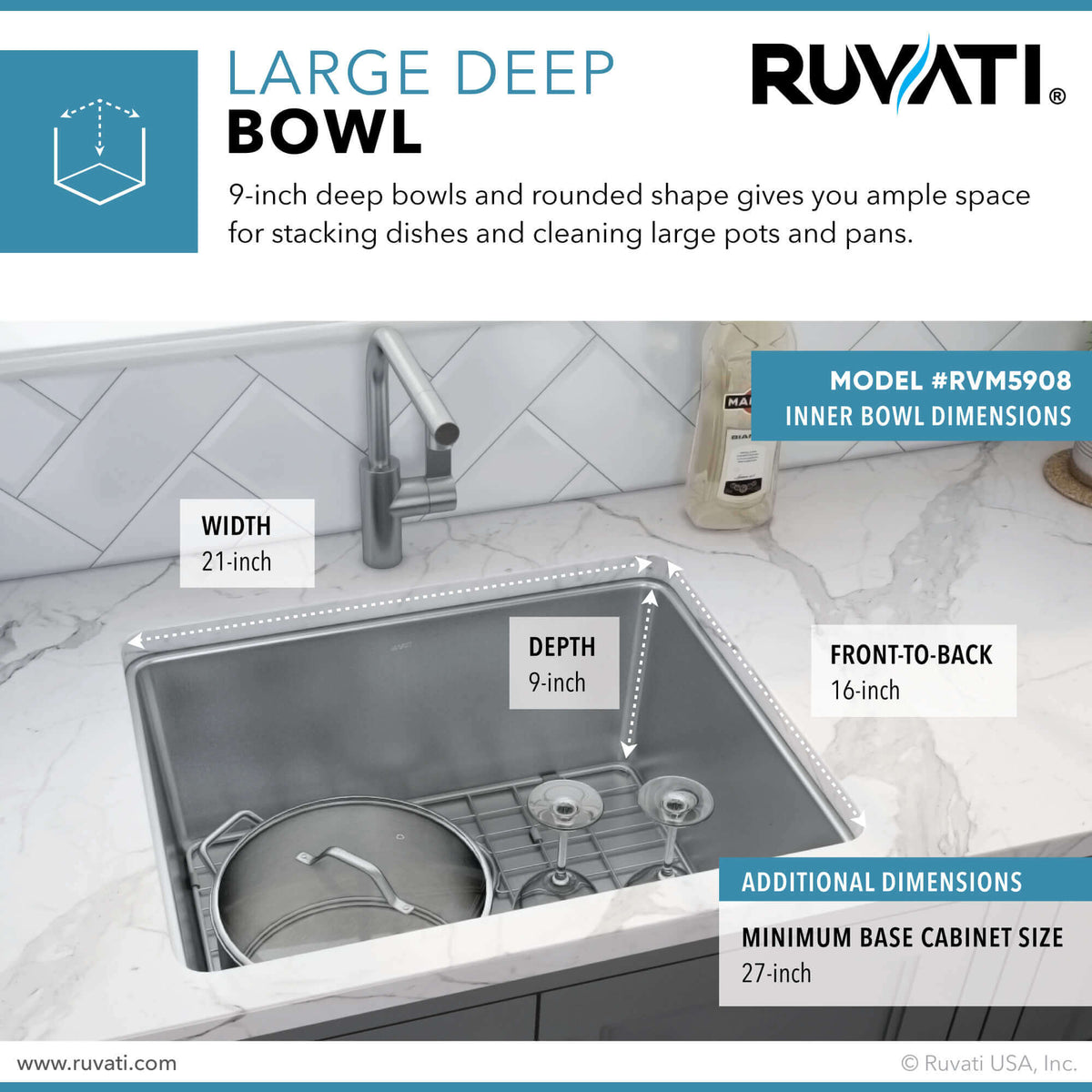 Alternate Image for Ruvati Modena 23" Undermount Stainless Steel Kitchen Sink, 16 Gauge, RVM5908