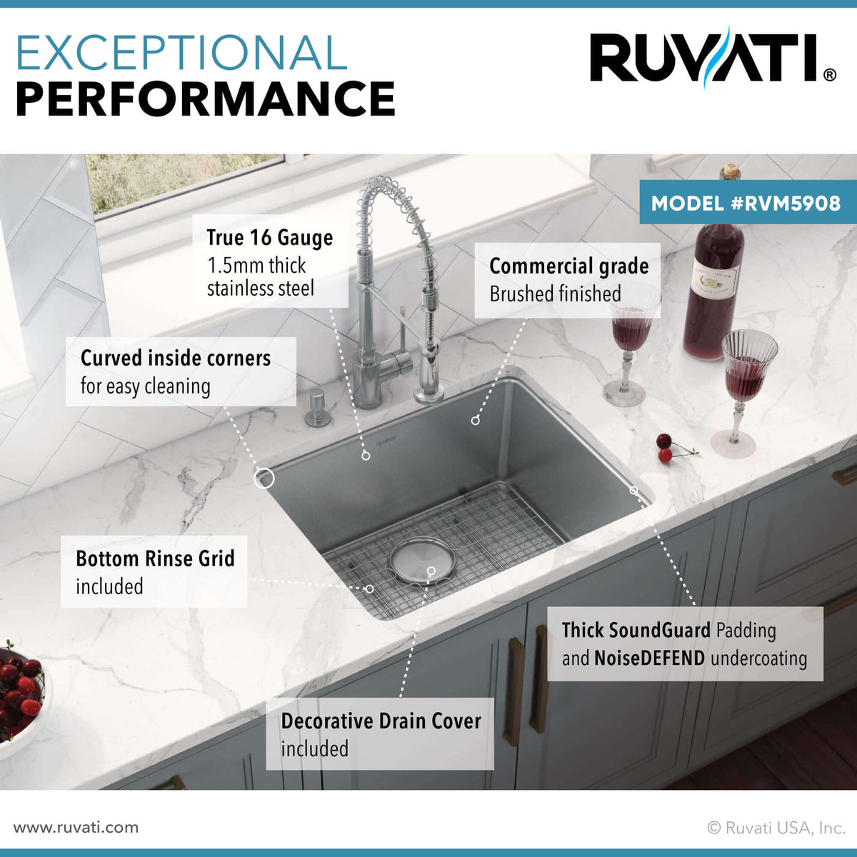 Alternate Image for Ruvati Modena 23" Undermount Stainless Steel Kitchen Sink, 16 Gauge, RVM5908