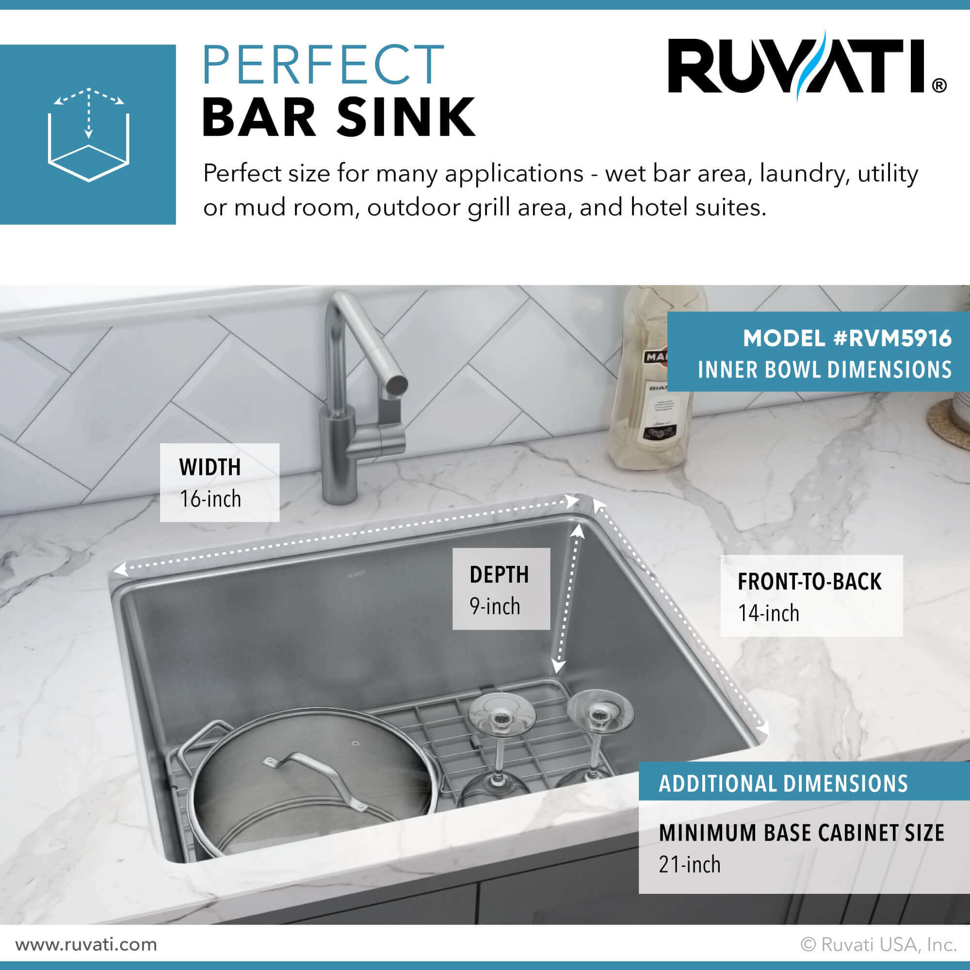 Alternate Image for Ruvati Modena 18" Undermount Rectangle Stainless Steel Bar/Prep Sink, 16 Gauge, RVM5916