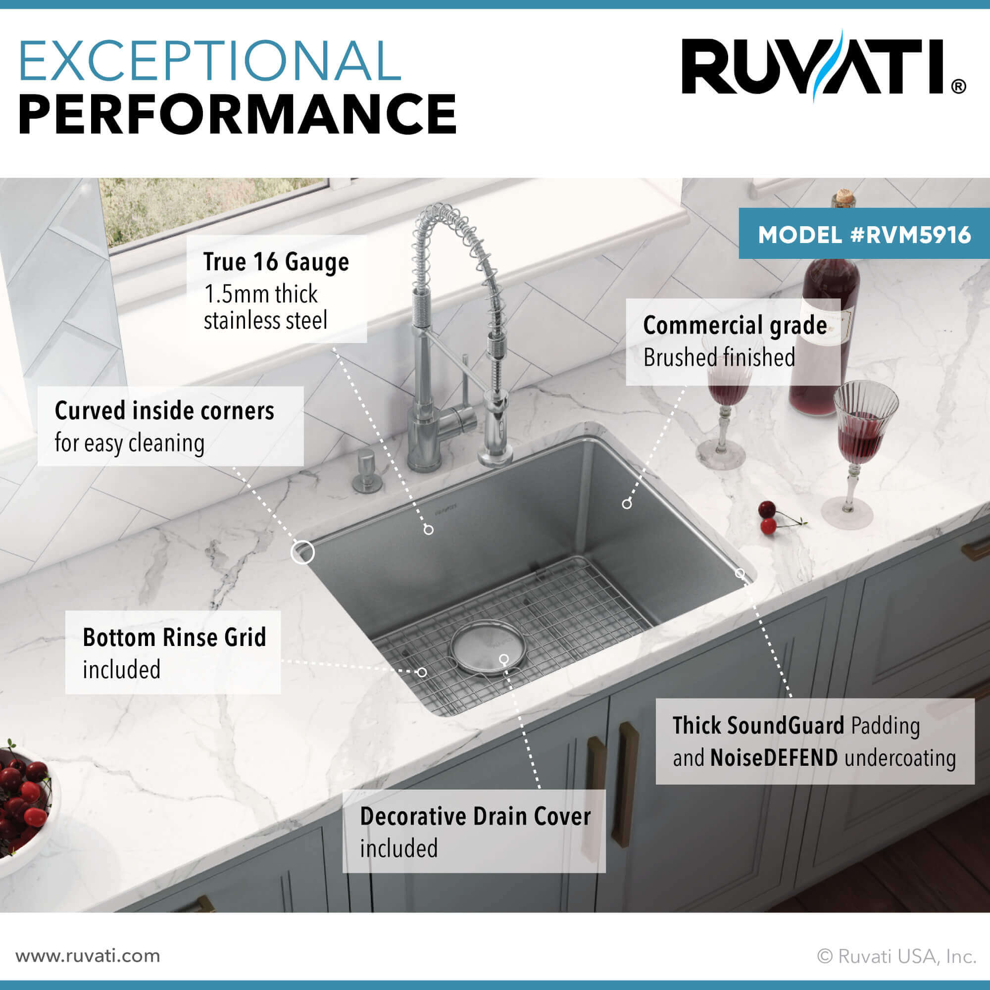 Alternate Image for Ruvati Modena 18" Undermount Rectangle Stainless Steel Bar/Prep Sink, 16 Gauge, RVM5916
