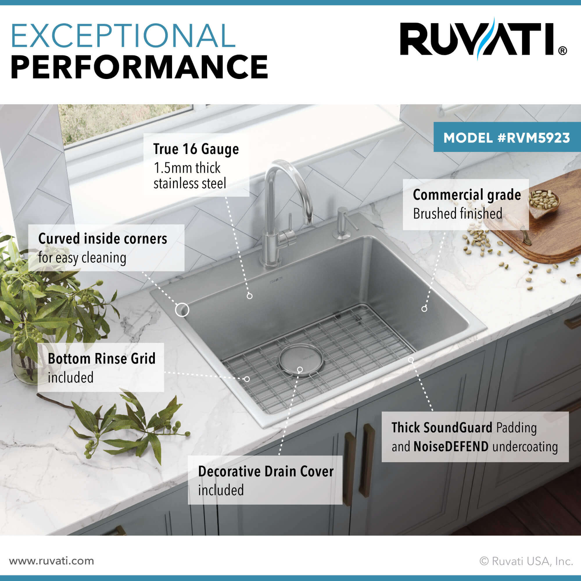 Alternate Image for Ruvati Modena 23" Drop-in Topmount Stainless Steel Kitchen Sink, 16 Gauge, RVM5923
