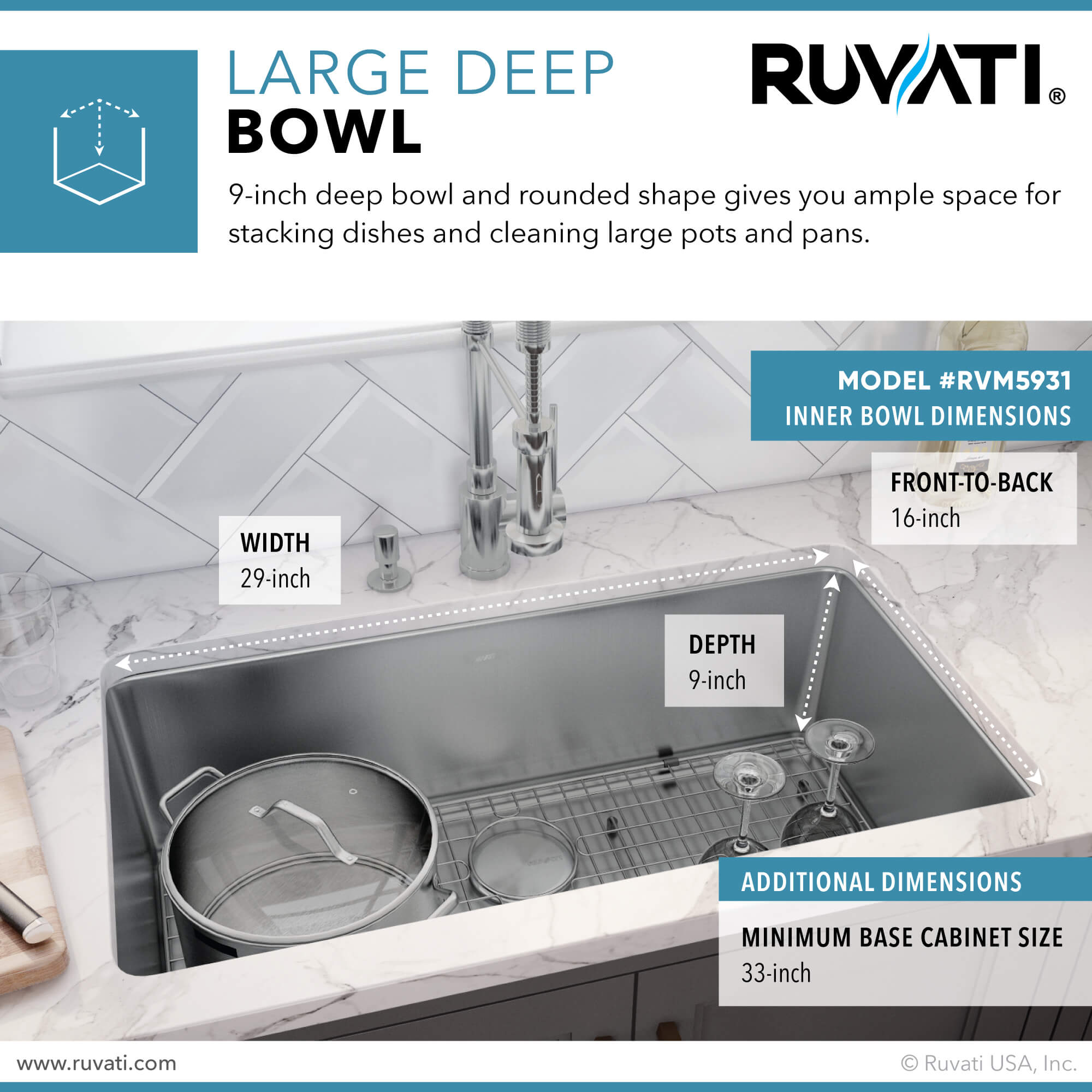 Alternate Image for Ruvati Modena 31" Undermount Stainless Steel Kitchen Sink, 16 Gauge, RVM5931
