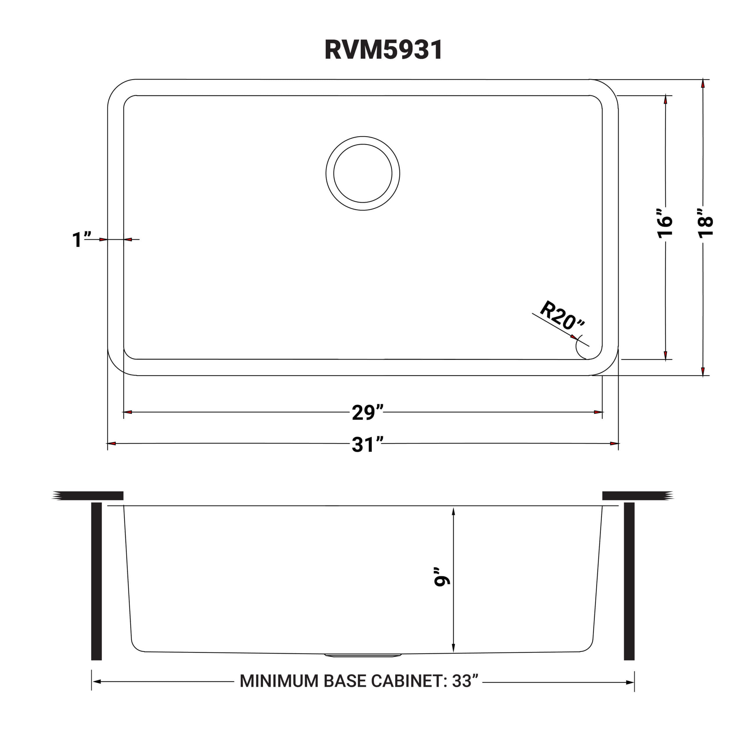 Alternate Image for Ruvati Modena 31" Undermount Stainless Steel Kitchen Sink, 16 Gauge, RVM5931