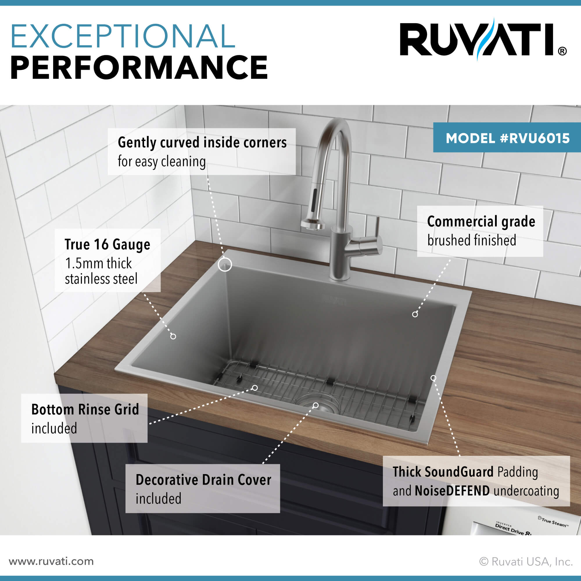 Alternate Image for Ruvati Topmount Laundry Utility Sink 25 x 22 x 12 inch Rounded Corners Deep 16 Gauge Stainless Steel, RVU6015