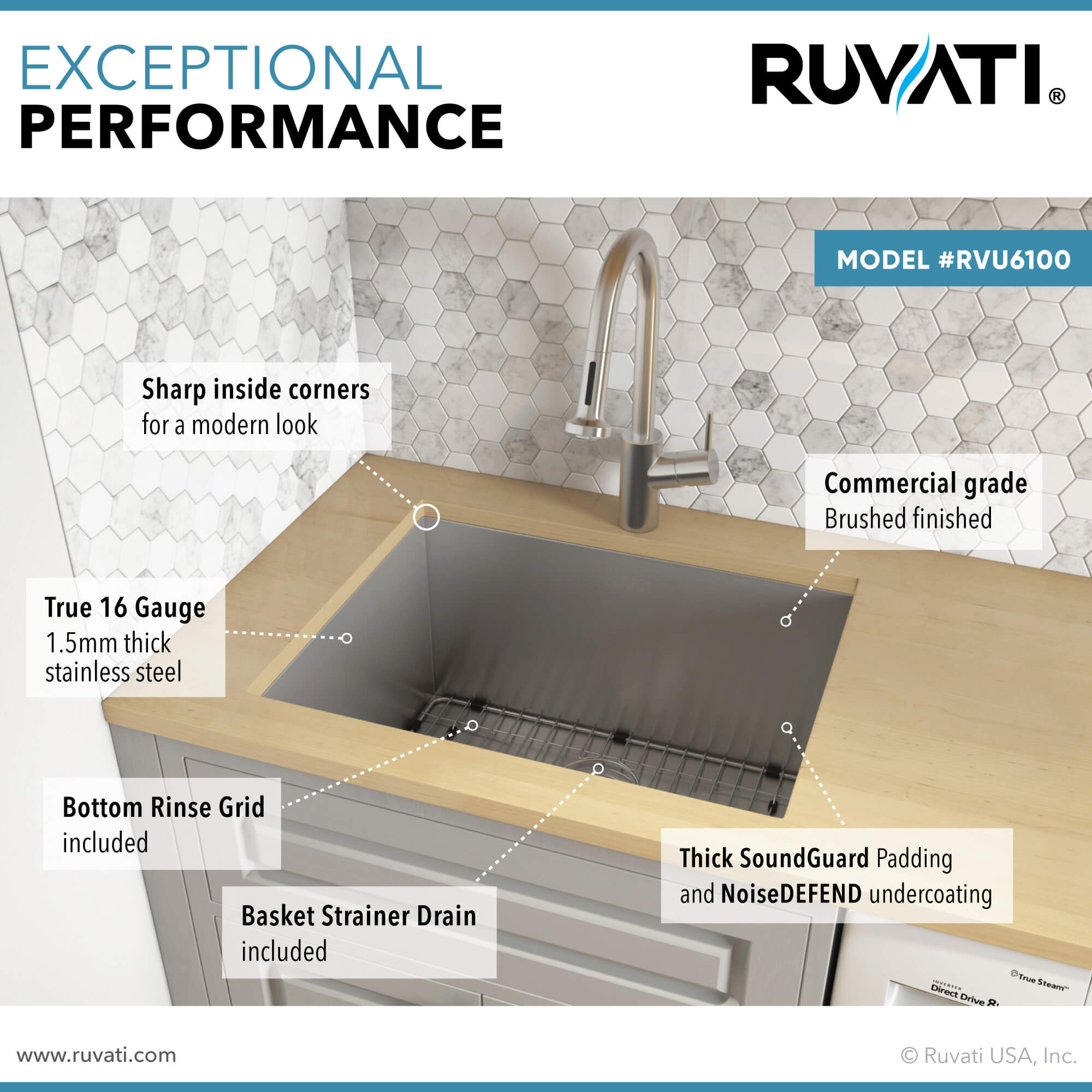 Alternate Image for Ruvati 23" x 18" x 12" Deep Laundry Utility Sink Undermount 16 Gauge Stainless Steel, RVU6100